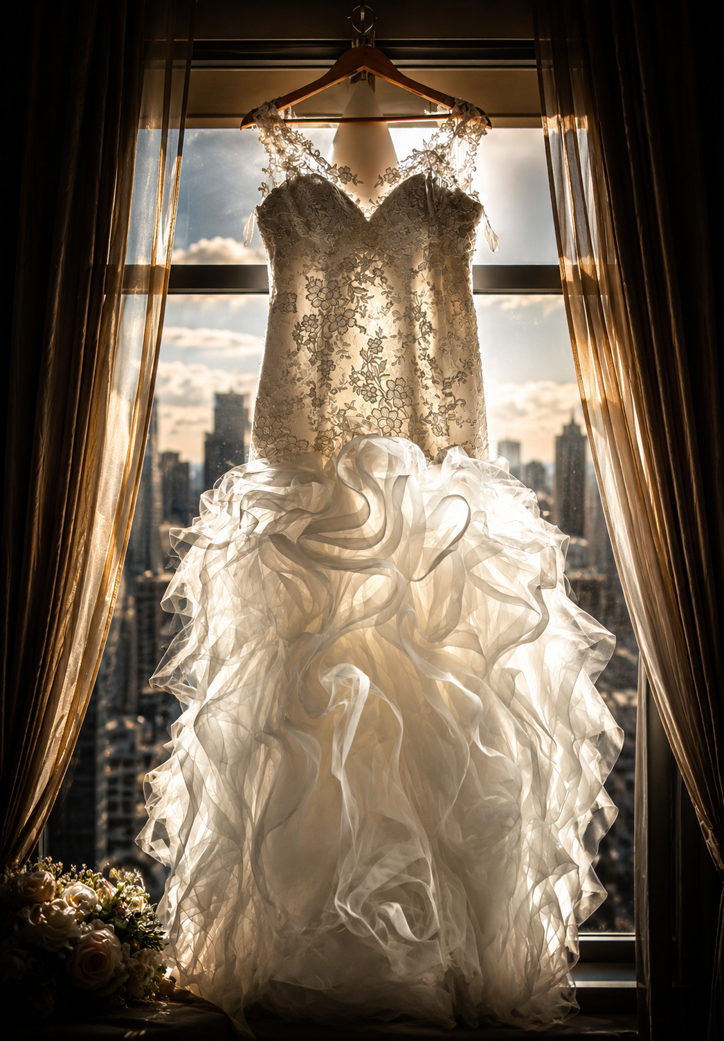 Wedding dress hanging in front of a window with city skyline in the background, illuminated by sunlight, with curtains on either side and a bouquet of flowers at the bottom left.
