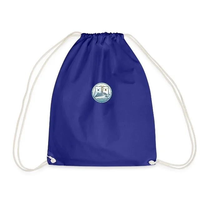 Blue drawstring bag with a logo of two bears holding a boat on the front.