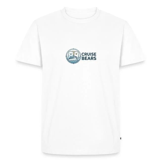 White T-shirt with a logo of two bears on a cruise ship above water, and the text "Cruise Bears" beside the logo.