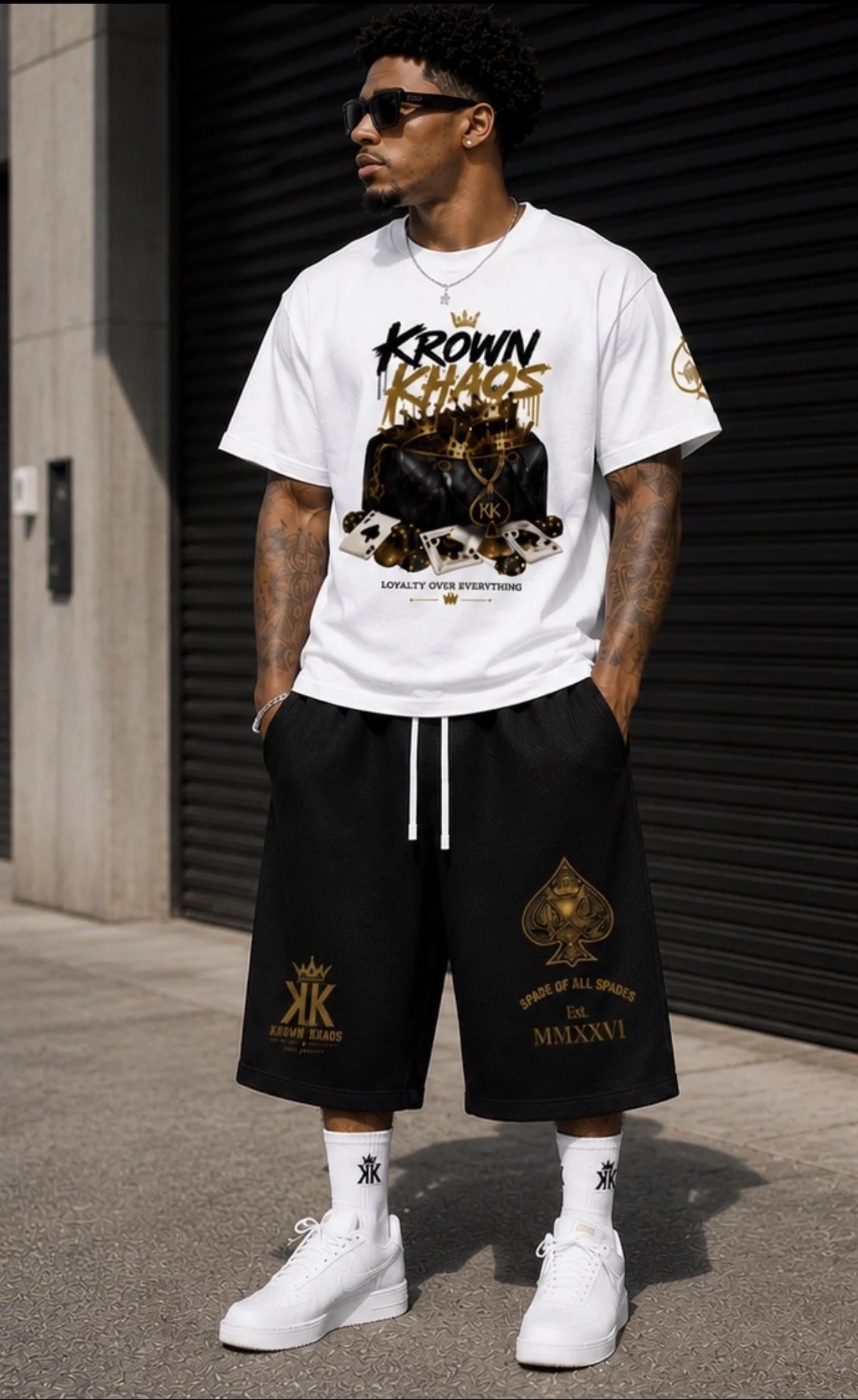 A man wearing black sunglasses, a white graphic T-shirt with gold and black text and images, black shorts with gold and black designs, white crew socks, and white sneakers. He stands outside against a black and concrete wall.