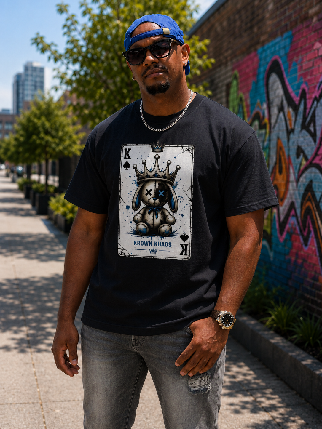 Krown Khaos men's black graphic t-shirt featuring crowned cartoon dog artwork and premium streetwear design