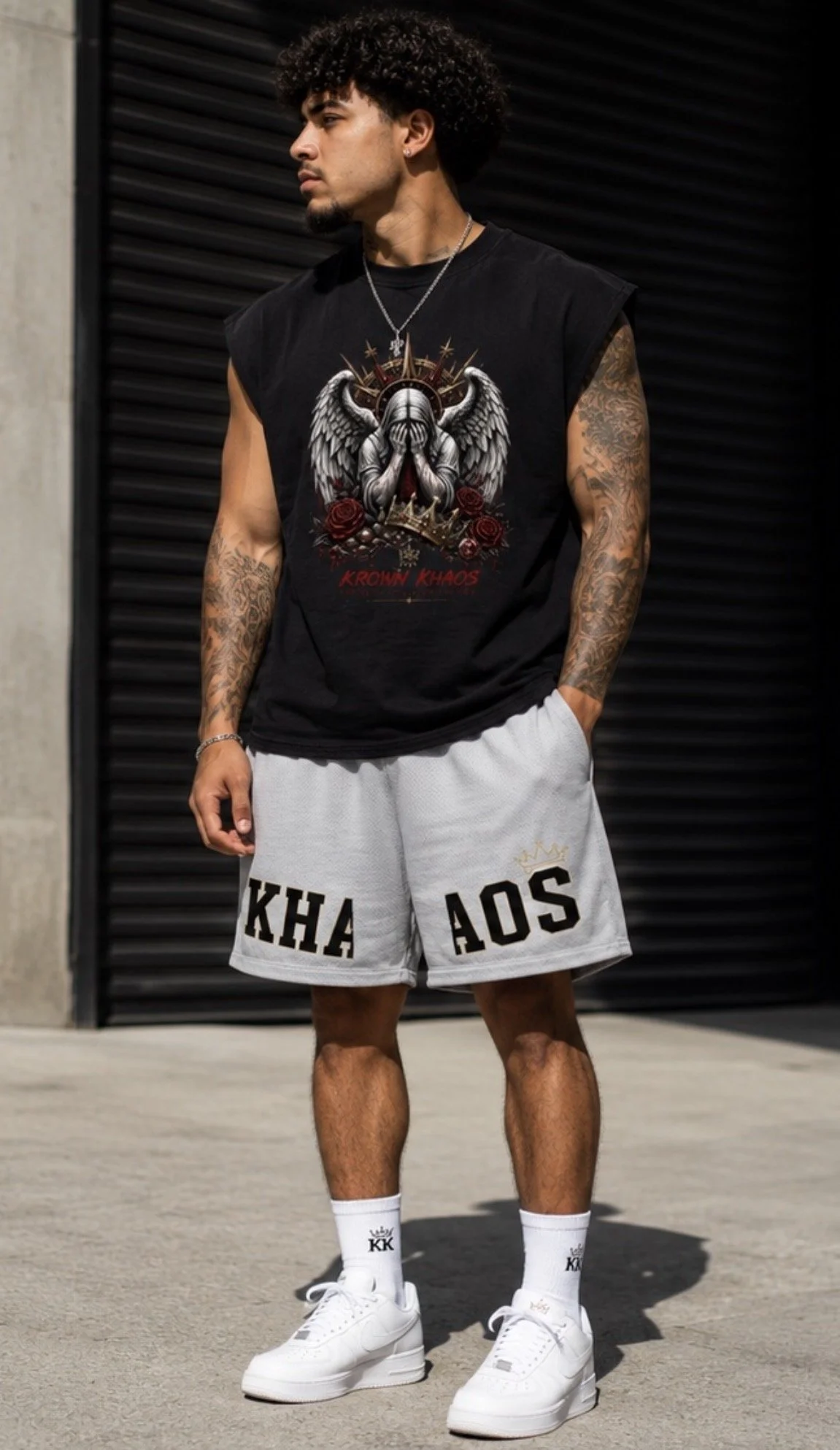 A young man standing outdoors in front of a black venting wall, dressed in a sleeveless black graphic t-shirt, white shorts with black text, white socks, and white sneakers. He has tattoos on his arms, wears jewelry, and has curly hair.