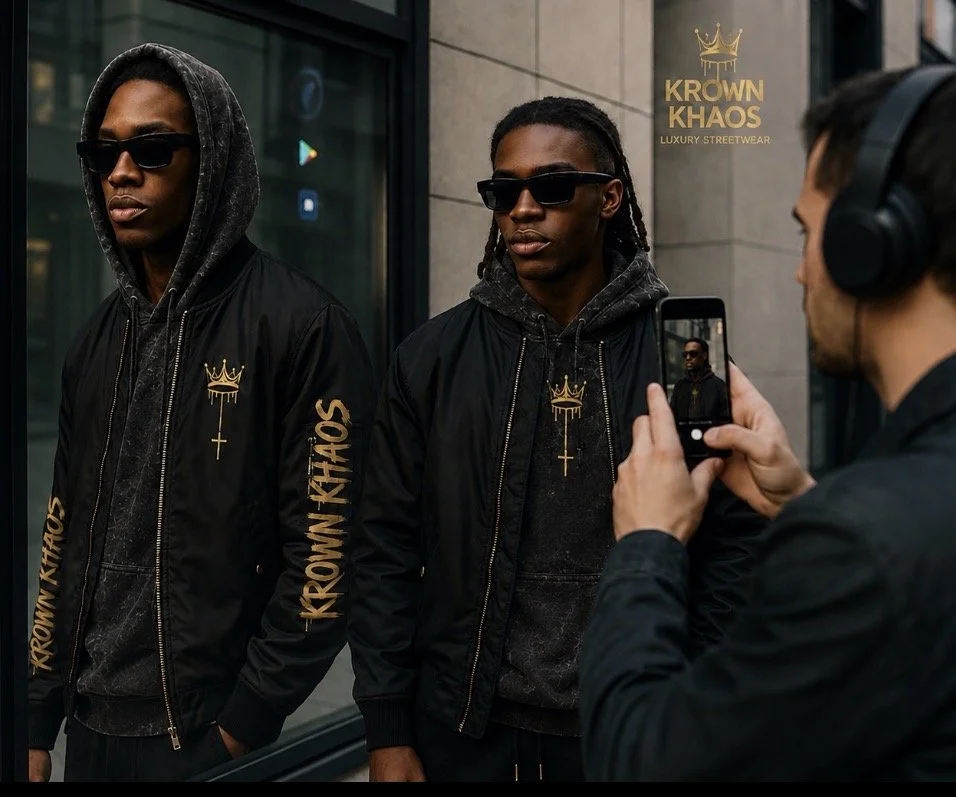 Two young men wearing black jackets with gold lettering and symbols, and sunglasses, are standing on a city street while another person, taking their picture with a smartphone, photos them.