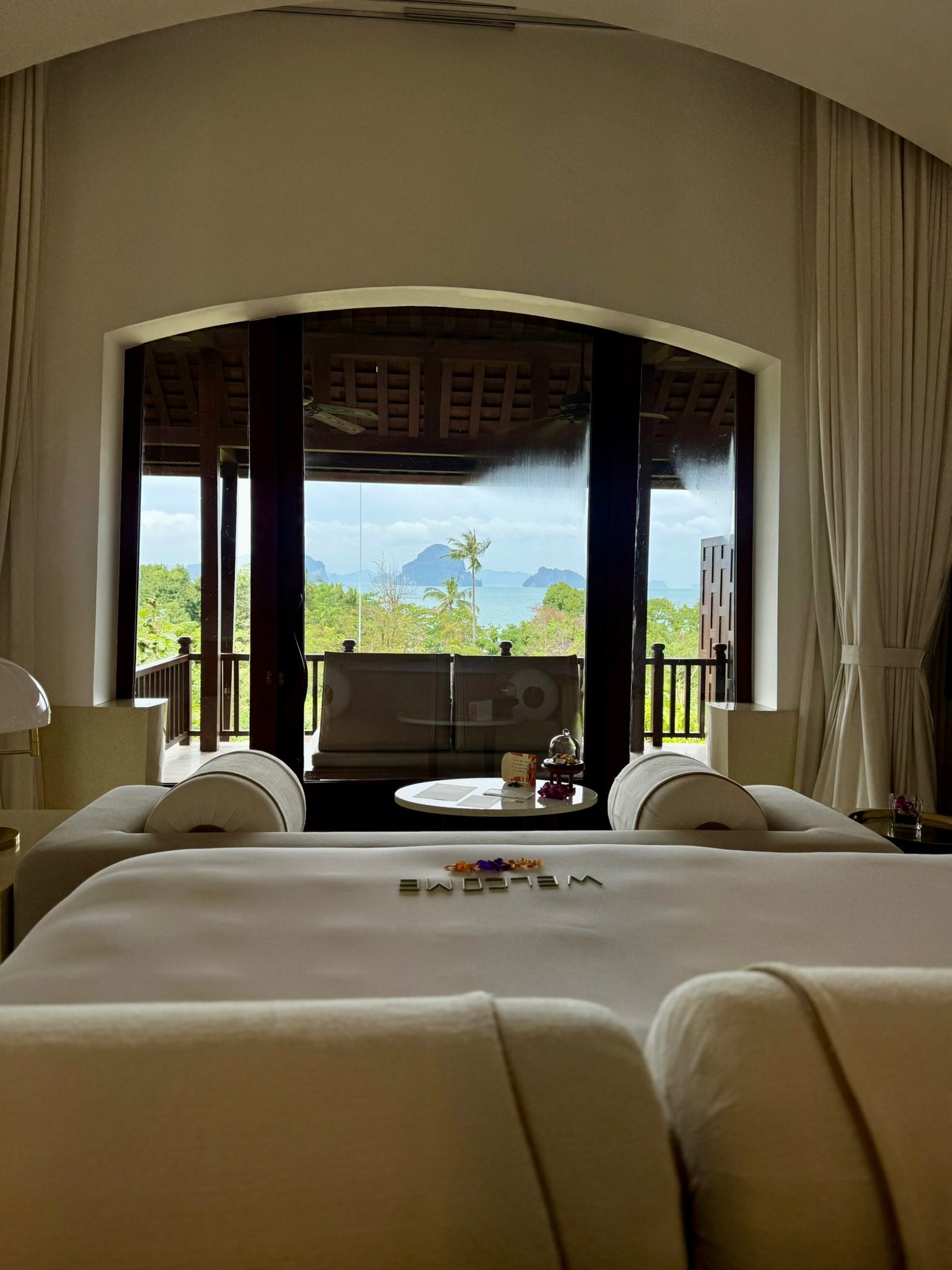The view from a hotel bed onto Thai islands