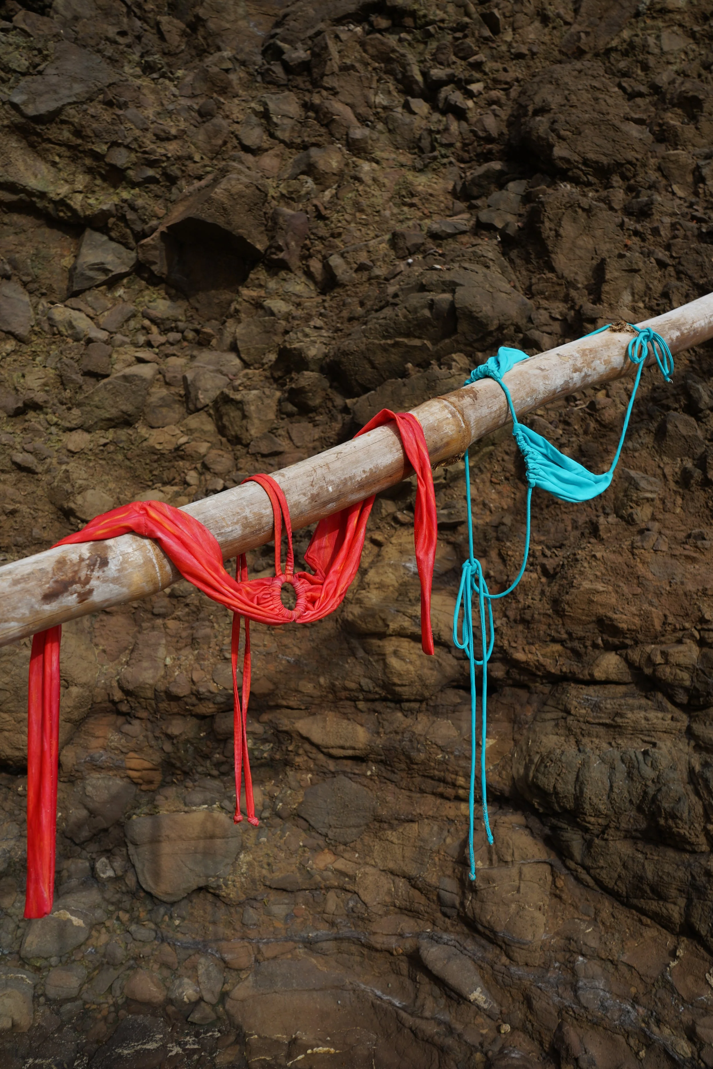 Red and blue swimsuits hanging on a wooden pole against a rocky background.