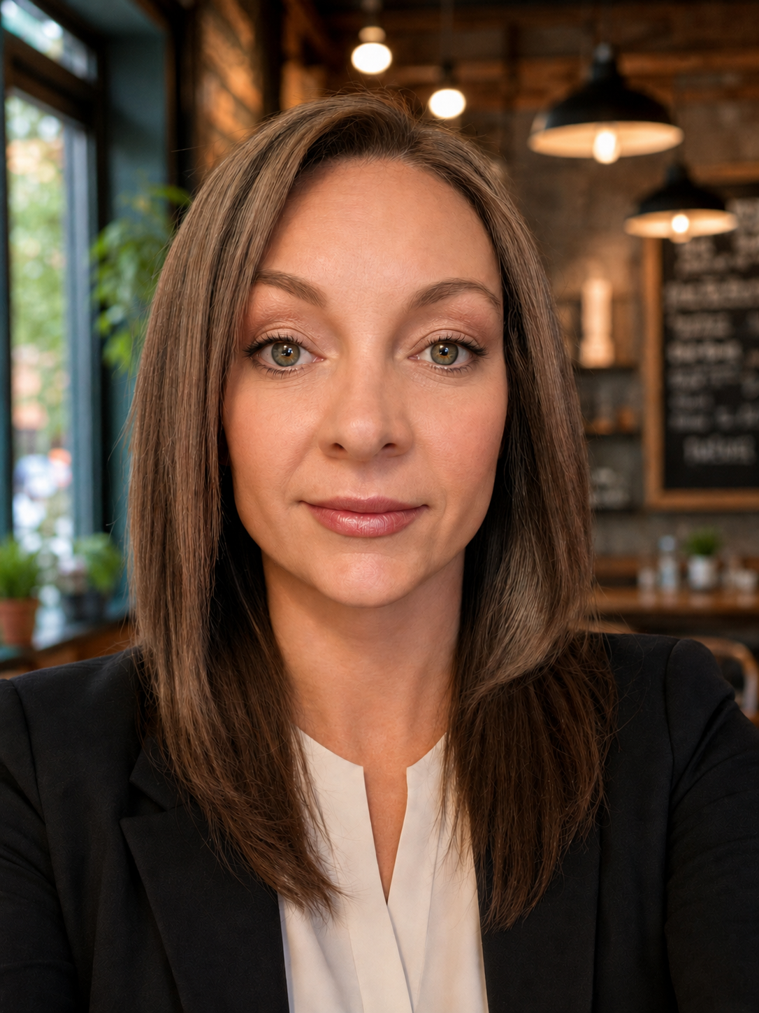 Close-up of a woman with straight brown hair and hazel eyes, smiling softly, in a cozy café setting with warm lighting and chalkboard menus in the background.