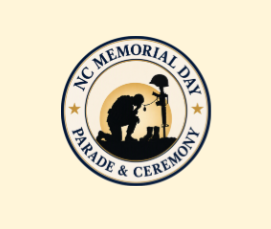 Logo for NC Memorial Day Parade & Ceremony, featuring a silhouette of a soldier kneeling at a cross.