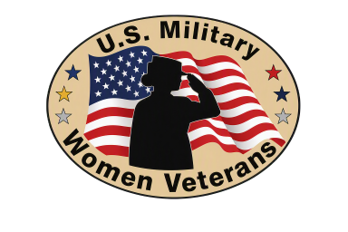 A logo featuring a silhouette of a woman saluting with an American flag in the background, surrounded by a beige oval border with black text saying 'U.S. Military Women Veterans' and small stars.