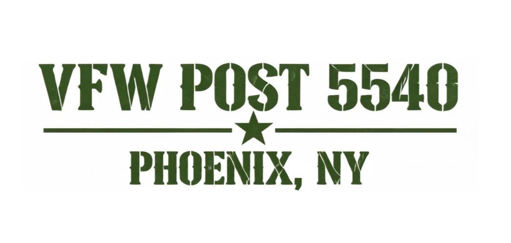Text reading "VFW POST 5540 PHOENIX, NY" with a star in the center, in military-style font, in green on a white background.