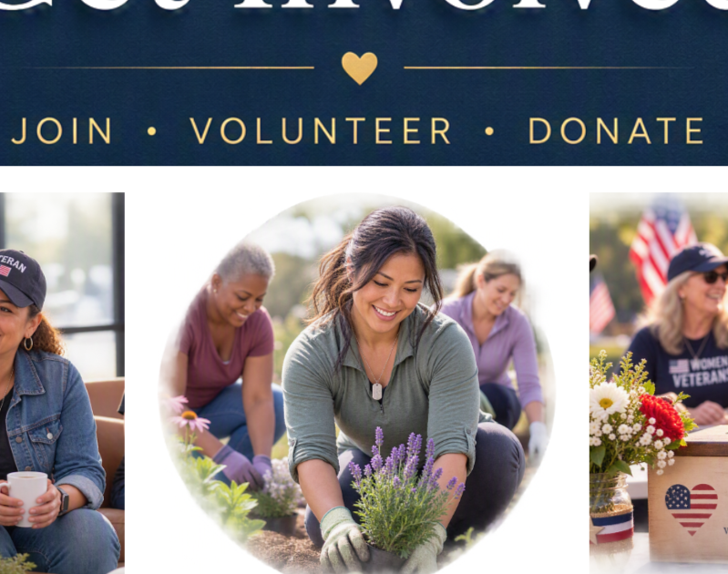 Women volunteering in a garden, planting flowers outdoors, smiling and working together.