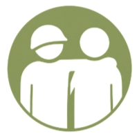 Icon of two people, one with a cap and glasses, inside a green circle.