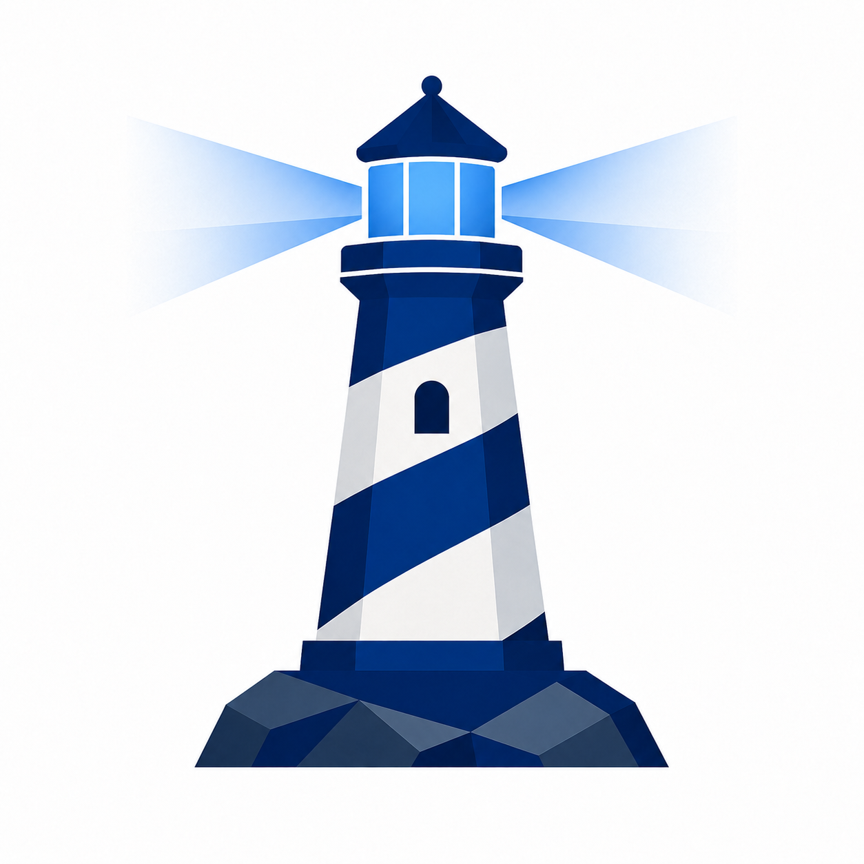 Digital illustration of a lighthouse emitting blue light beams.