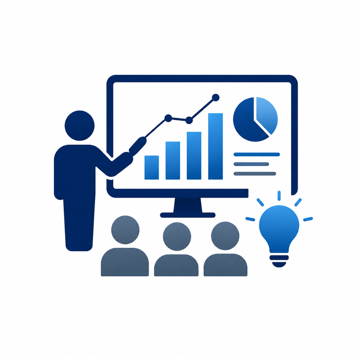 A person giving a presentation with a pointer aimed at a chart with upward trending bars, pie chart, and a lightbulb icon, symbolizing ideas and insights for an audience.