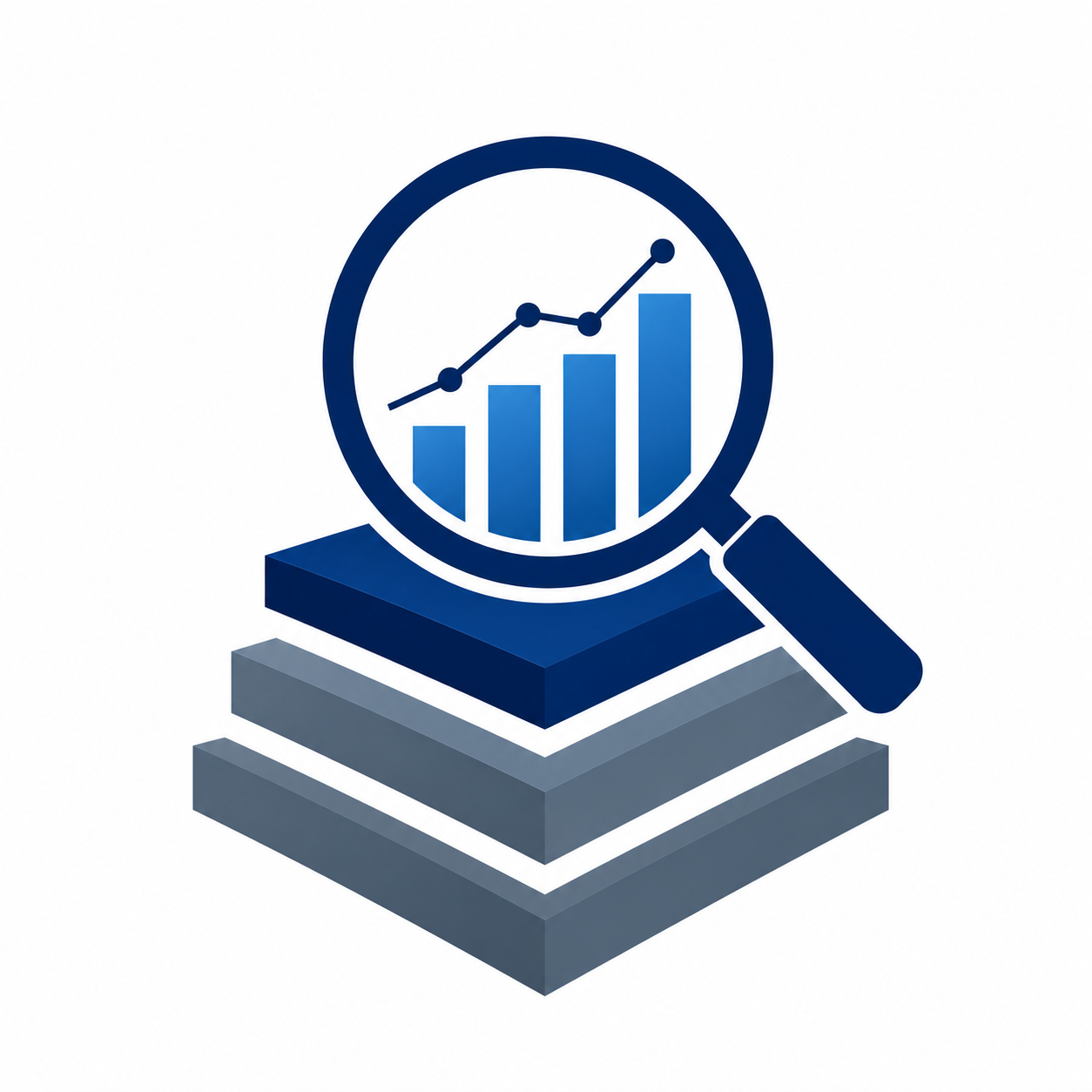 Illustration of a magnifying glass focusing on a bar and line graph, symbolizing data analysis or growth, with the graph shown on a layered platform.