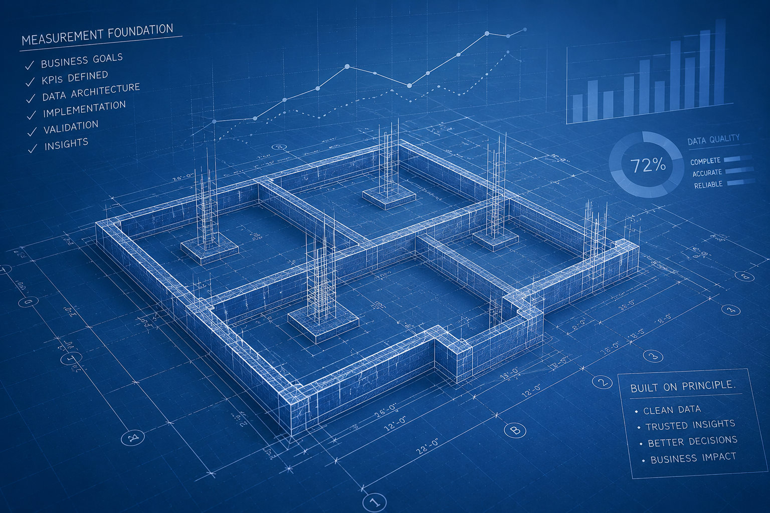 Blueprint of a building foundation with measurements, graphs, and data analysis overlay.