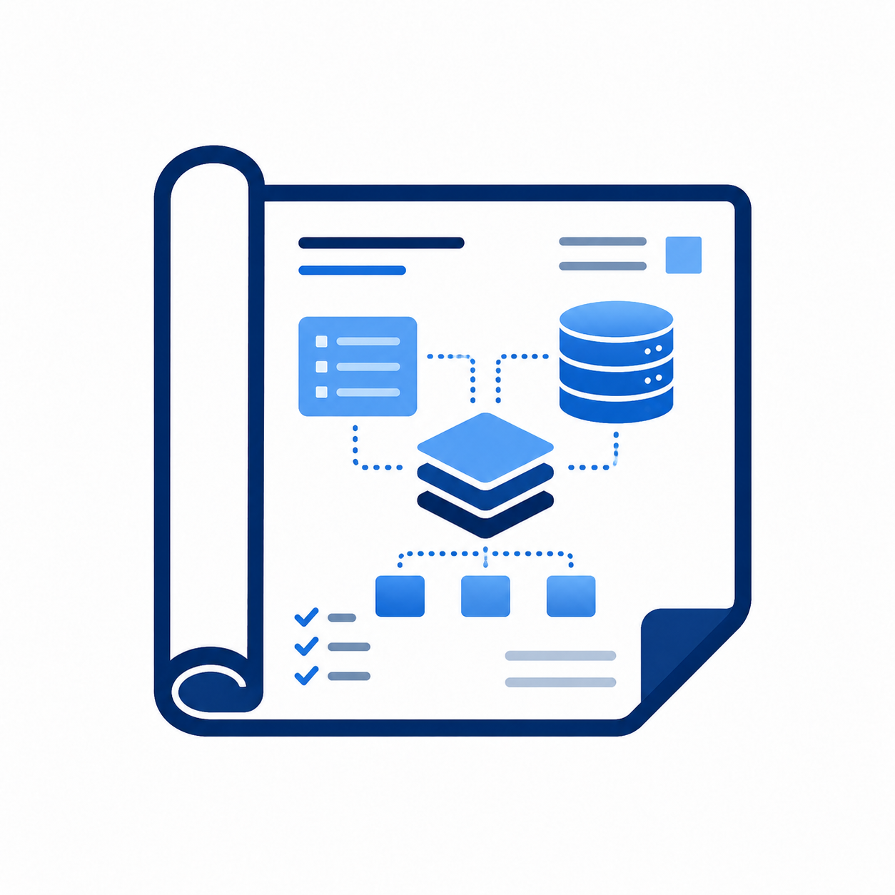 Blue infographic of data flow and database systems on a folded paper background.