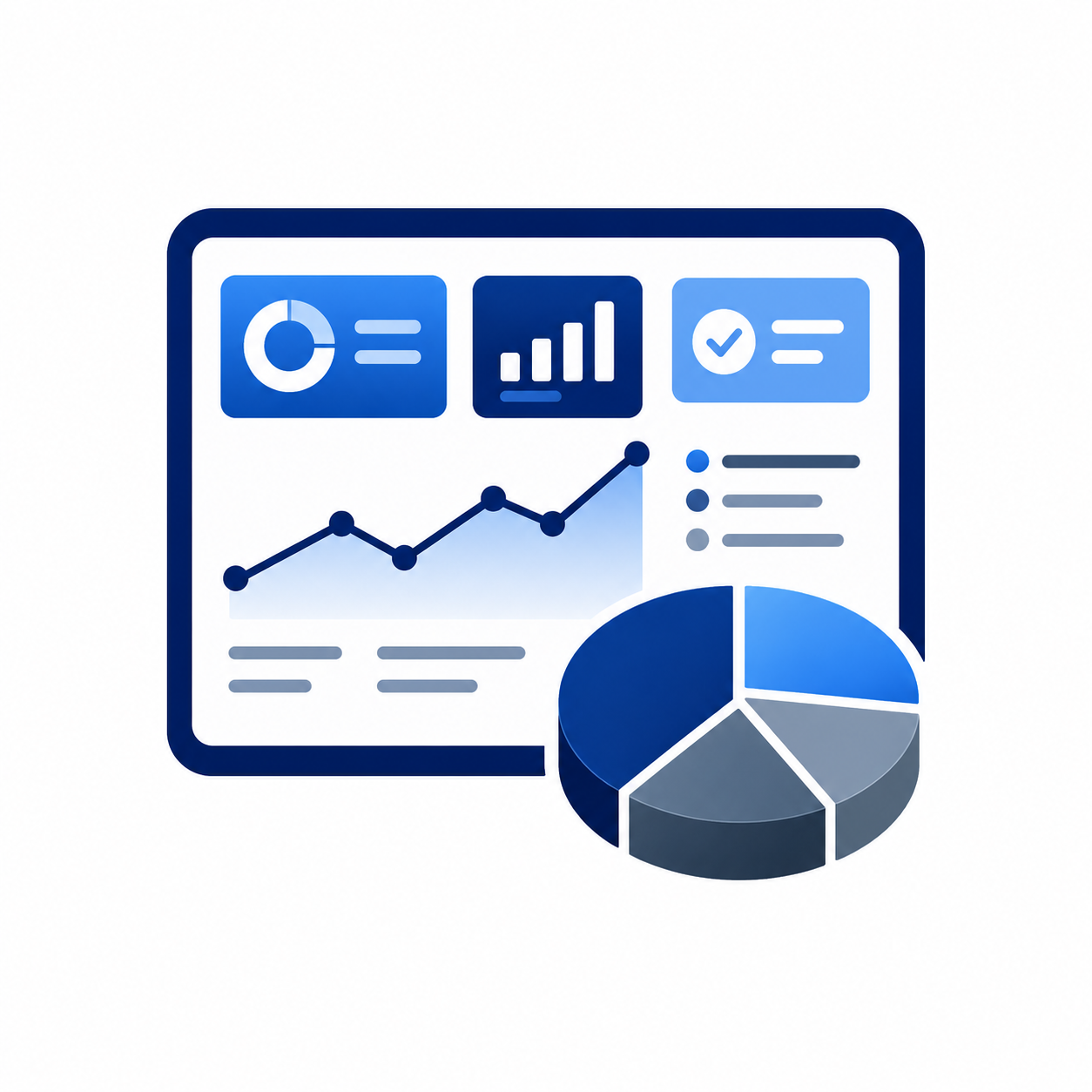 A digital graph and pie chart with various data visualizations in blue shades.