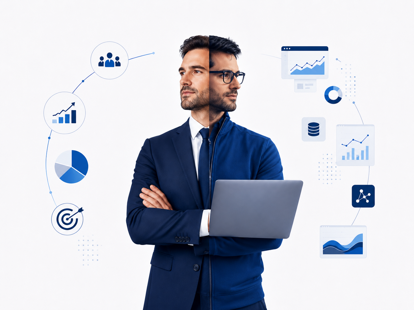 A man in a suit with crossed arms holds a laptop, with digital business analytics icons floating around him.