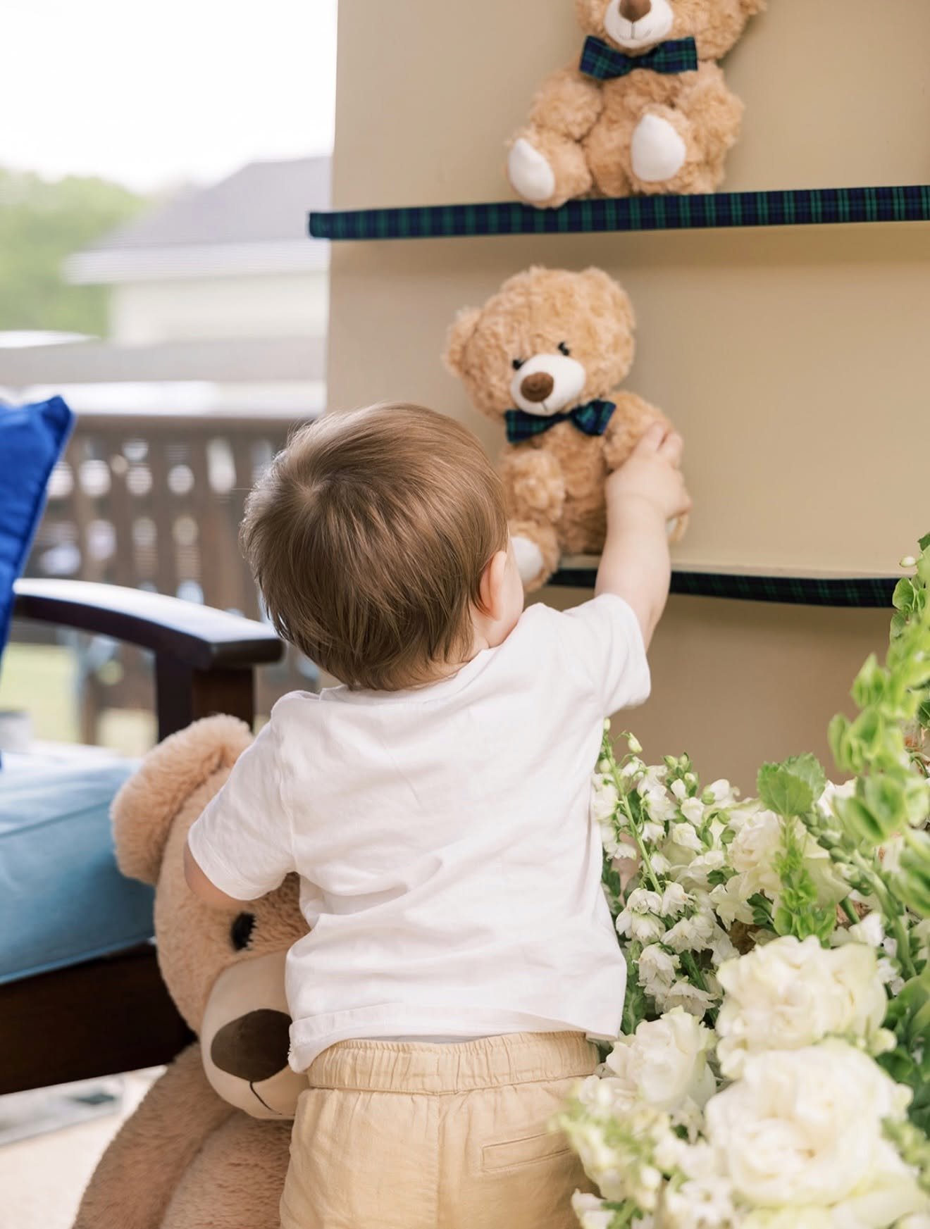 A young child with light brown hair reaching to grab a teddy bear on a shelf in a room with natural light. The teddy bears are beige with bow ties, and there is a window and part of a porch visible in the background. There are also white flowers in t