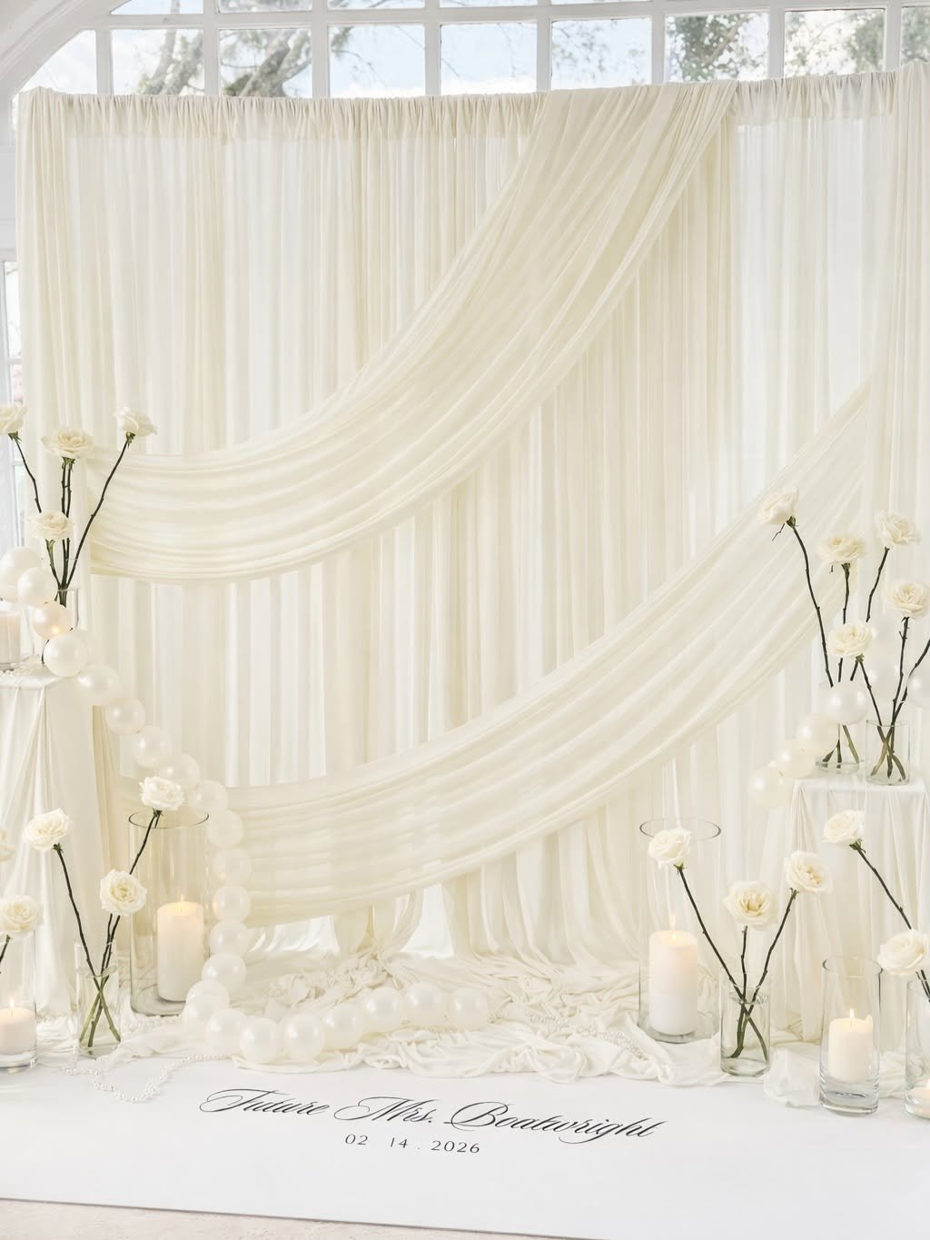 A wedding backdrop with white curtains and sheer drapery, decorated with white roses in glass vases, candles, and a sign with the name Jade and the date 02/14/2026.