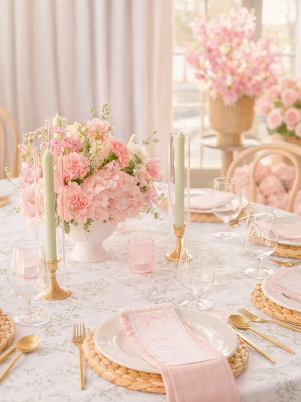 Elegant table setting with pink floral centerpiece, gold flatware, white plates, pink napkins, and glassware, set for a special occasion in a bright room with pink flowers in the background.