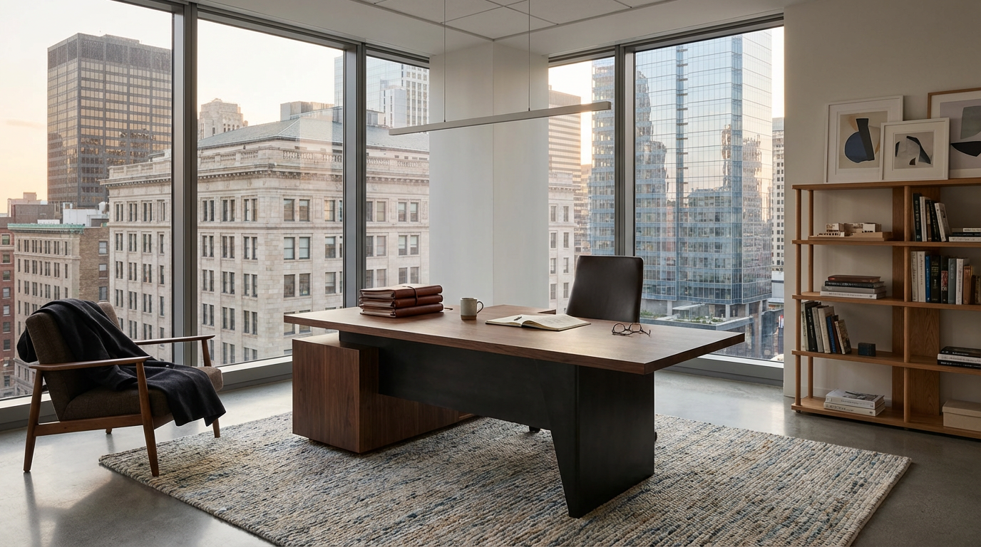 Modern office with large windows showing a cityscape, a wooden desk with a stack of files, an open book, eyeglasses, a mug, a chair with a blanket, a bookshelf with books, and abstract wall art.