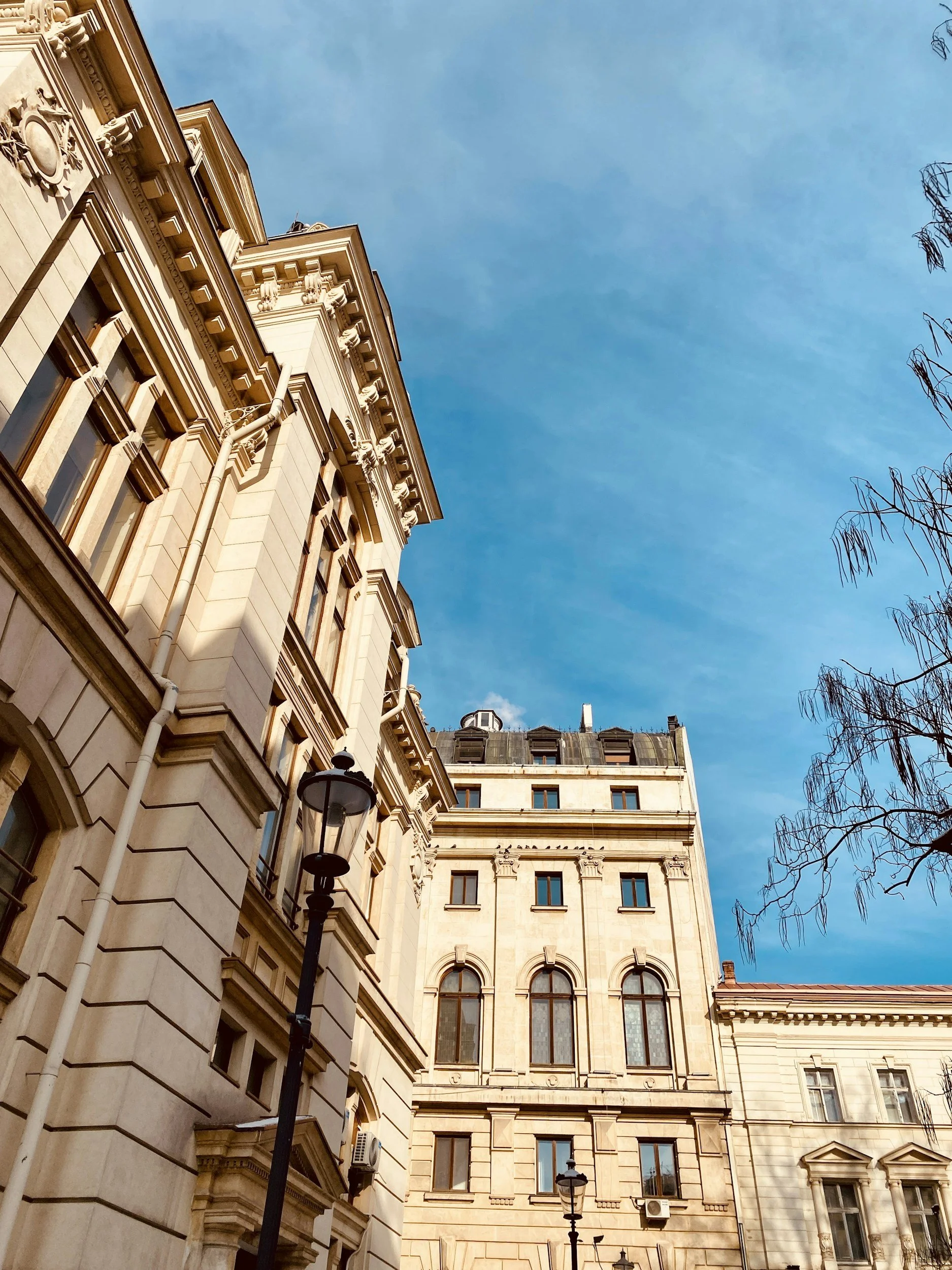 Tall, ornate beige-colored historic buildings with arched windows and decorative architectural details under a bright blue sky, with leafless tree branches on the right and street lamps in the foreground.