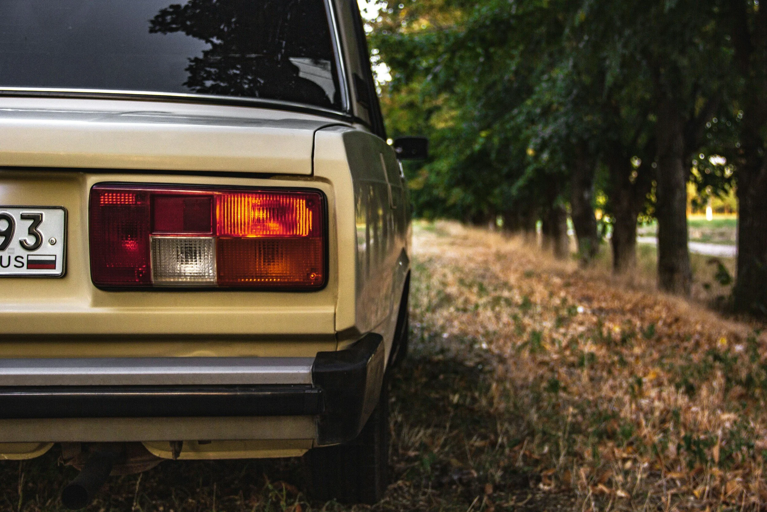 The rear side of a beige vintage car is parked on a dirt path surrounded by trees with green foliage and fallen leaves.