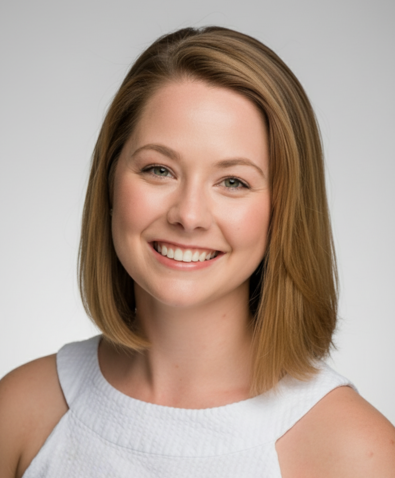 A young woman with shoulder-length light brown hair and blue eyes smiling at the camera, wearing a sleeveless white top against a plain light gray background.