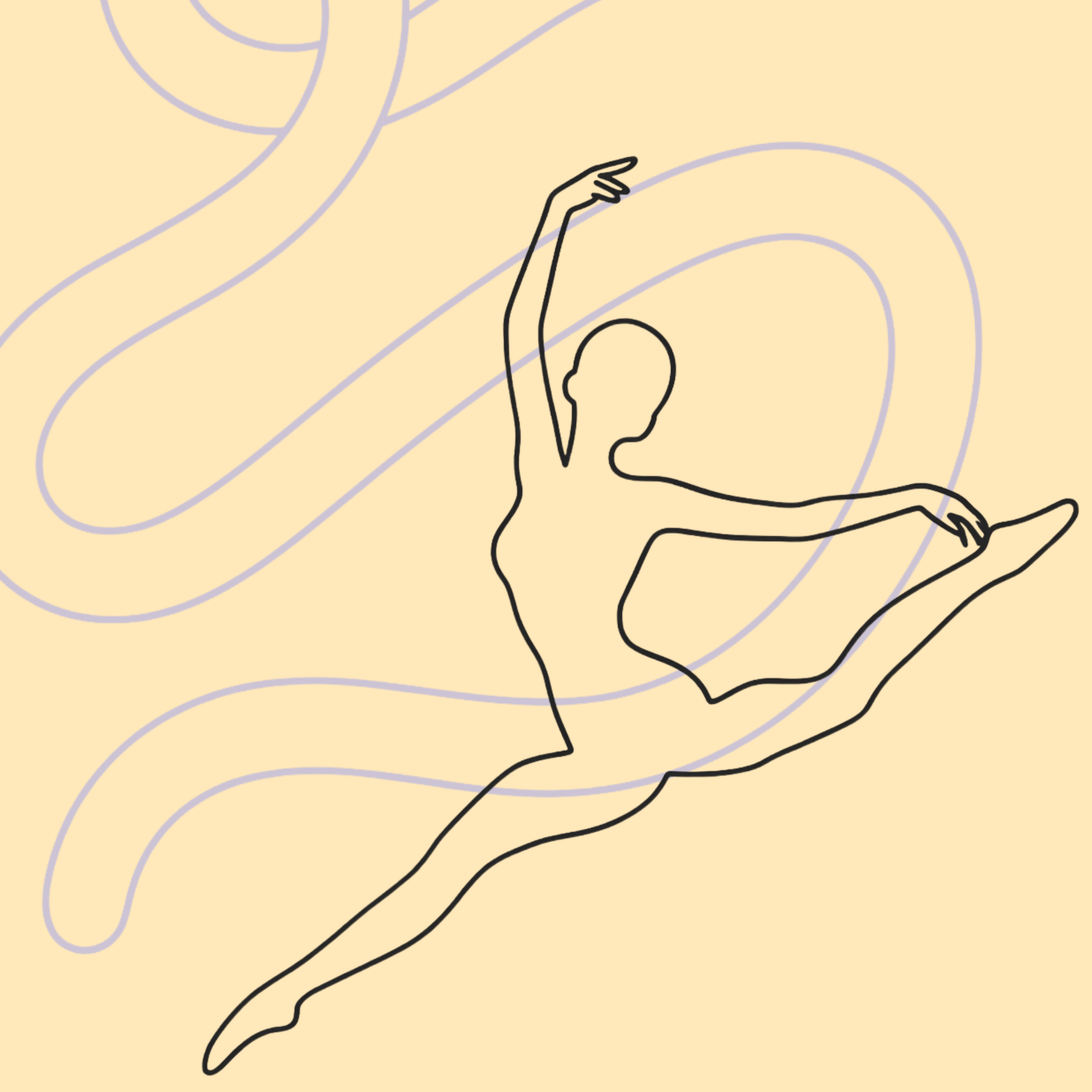 Minimalist line drawing of a person stretching or reaching upward, with a background of abstract, swirling lines in pastel colors.