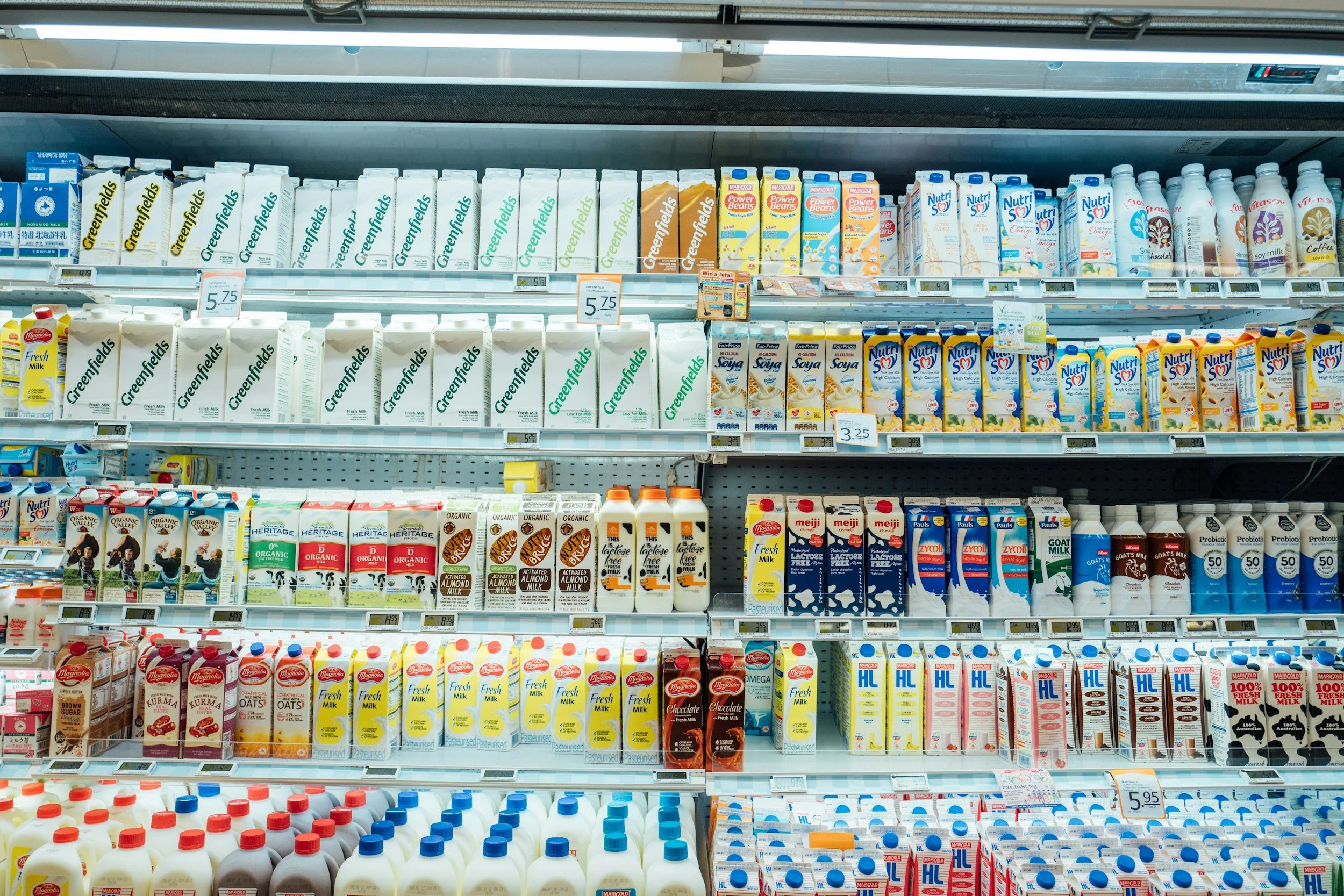 A grocery store shelf stocked with various dairy products, including different brands and types of milk, soy milk, and lactose-free milk.