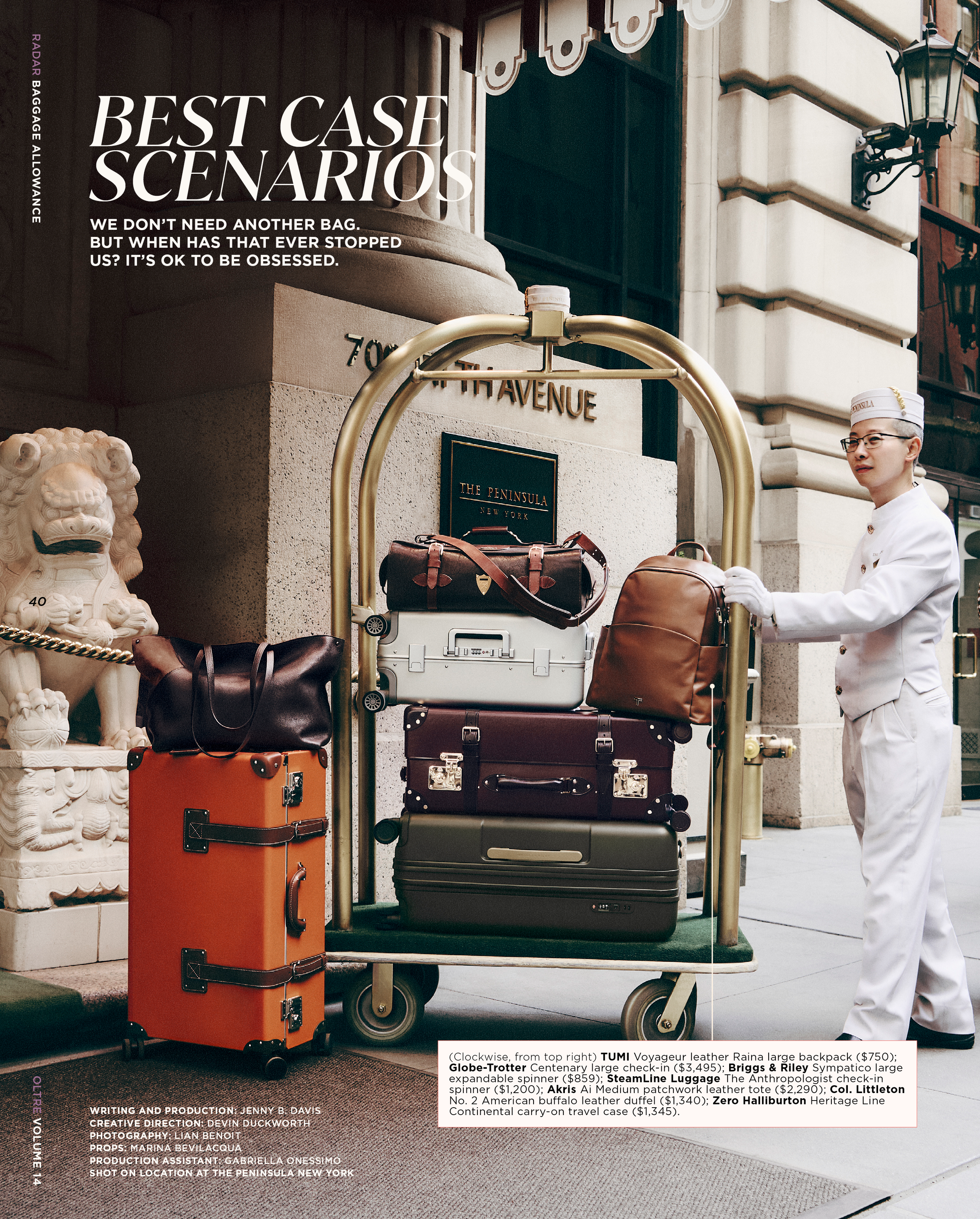 A street scene featuring a luggage cart with multiple designer bags, including a large orange suitcase, brown leather bags, and black leather bags, parked outside a building with architectural details and a lion statue nearby. A person dressed as a c