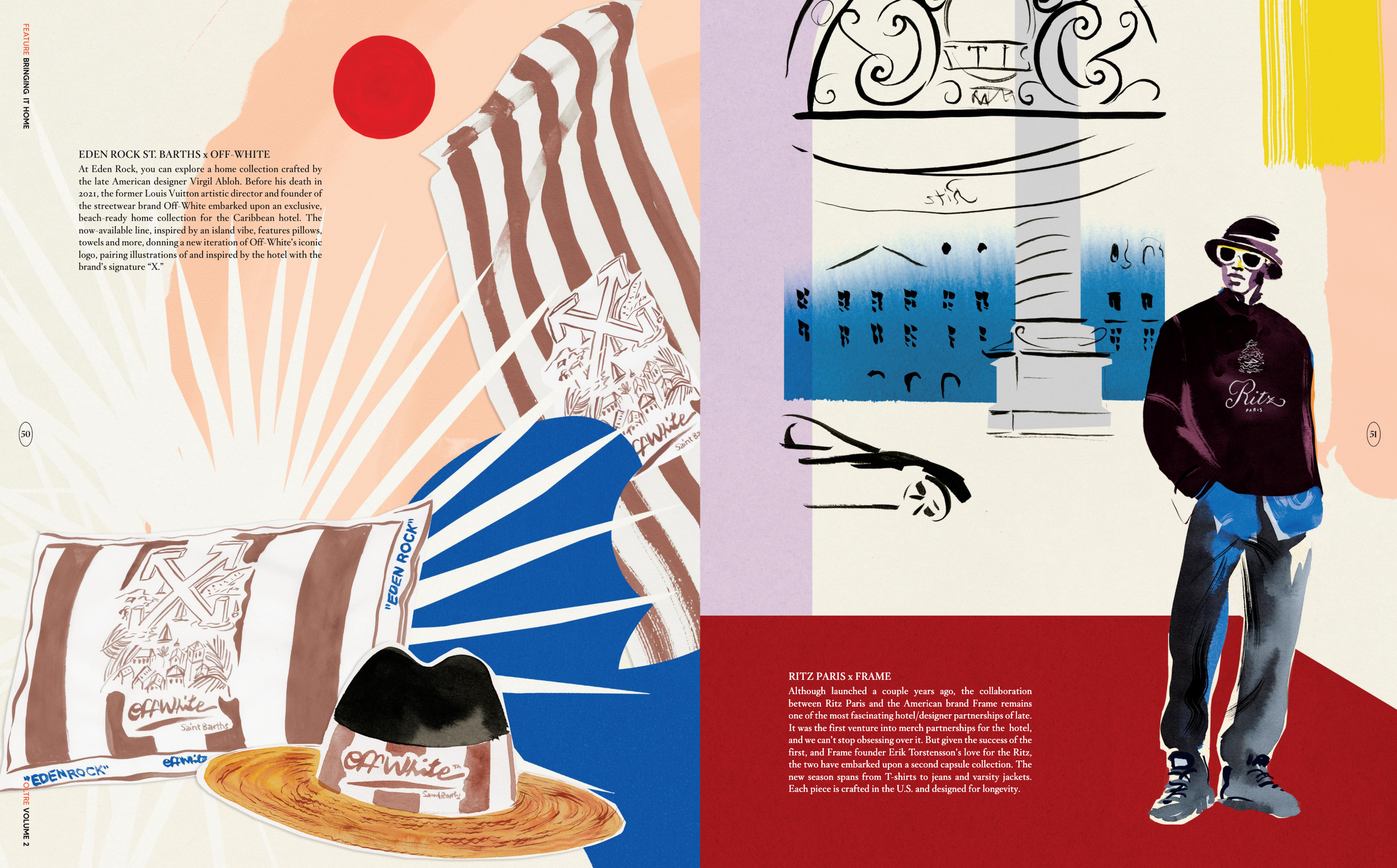 Stylized collage featuring fashion advertisements and artwork, including drawings of a person with sunglasses and a hat, abstract shapes, and text about the collaboration between Ritz Paris and a designer.