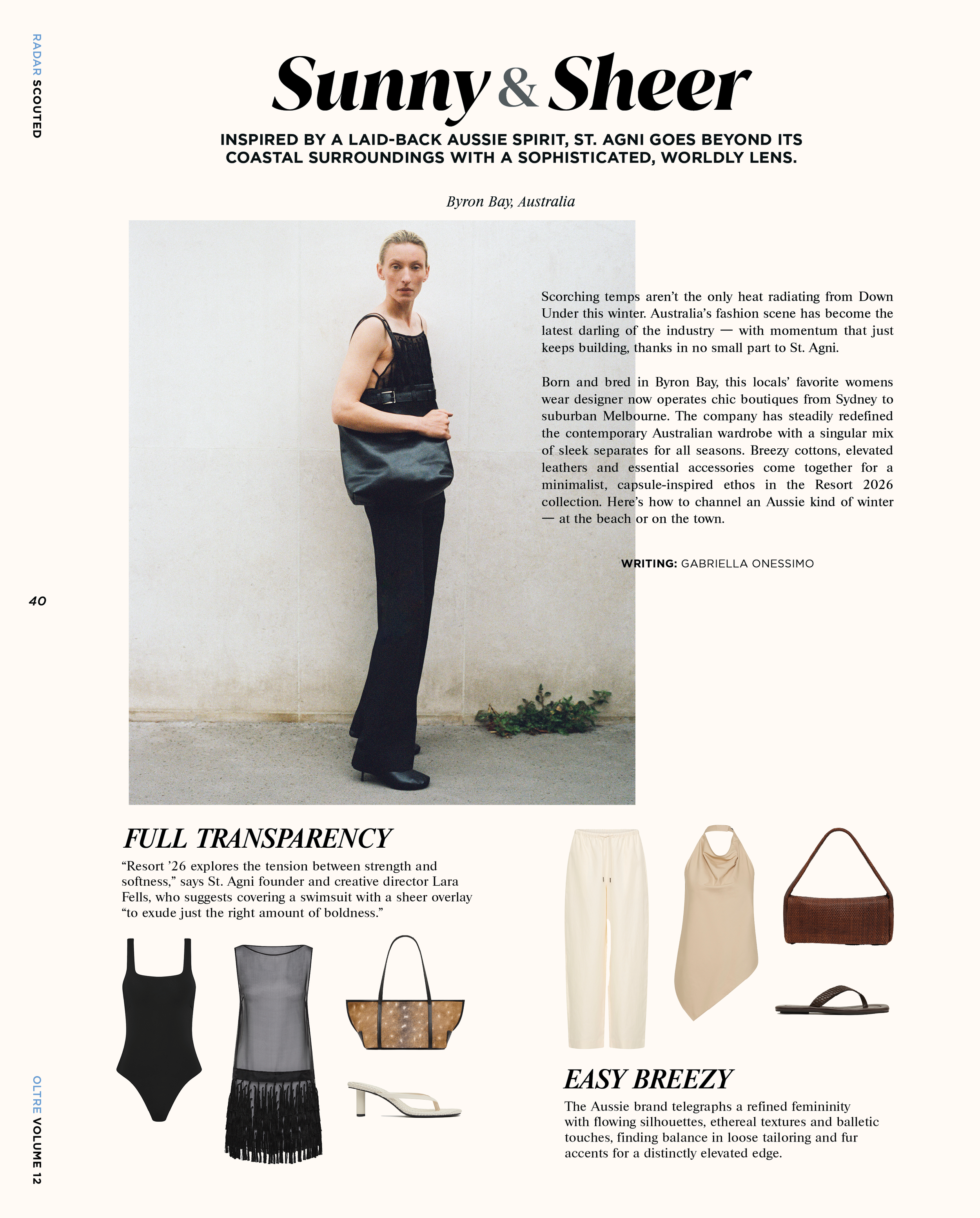 Fashion magazine spread featuring a woman in black sleeveless top and wide-leg pants carrying a large black bag, with clothing and handbags displayed below, and sections titled 'Full Transparency' and 'Easy Breezy' describing Australian fashion style