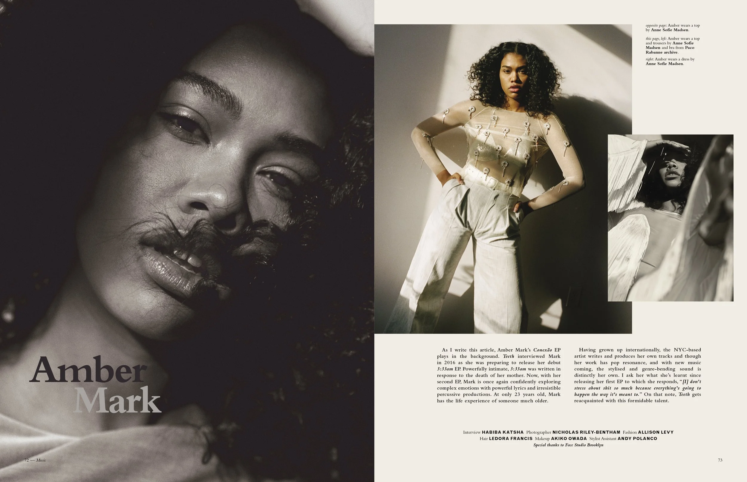 Page with a large black-and-white close-up photograph of a woman's face on the left, and a smaller color portrait of the same woman standing, against a light background, on the right. There are also smaller images and text on the right page.