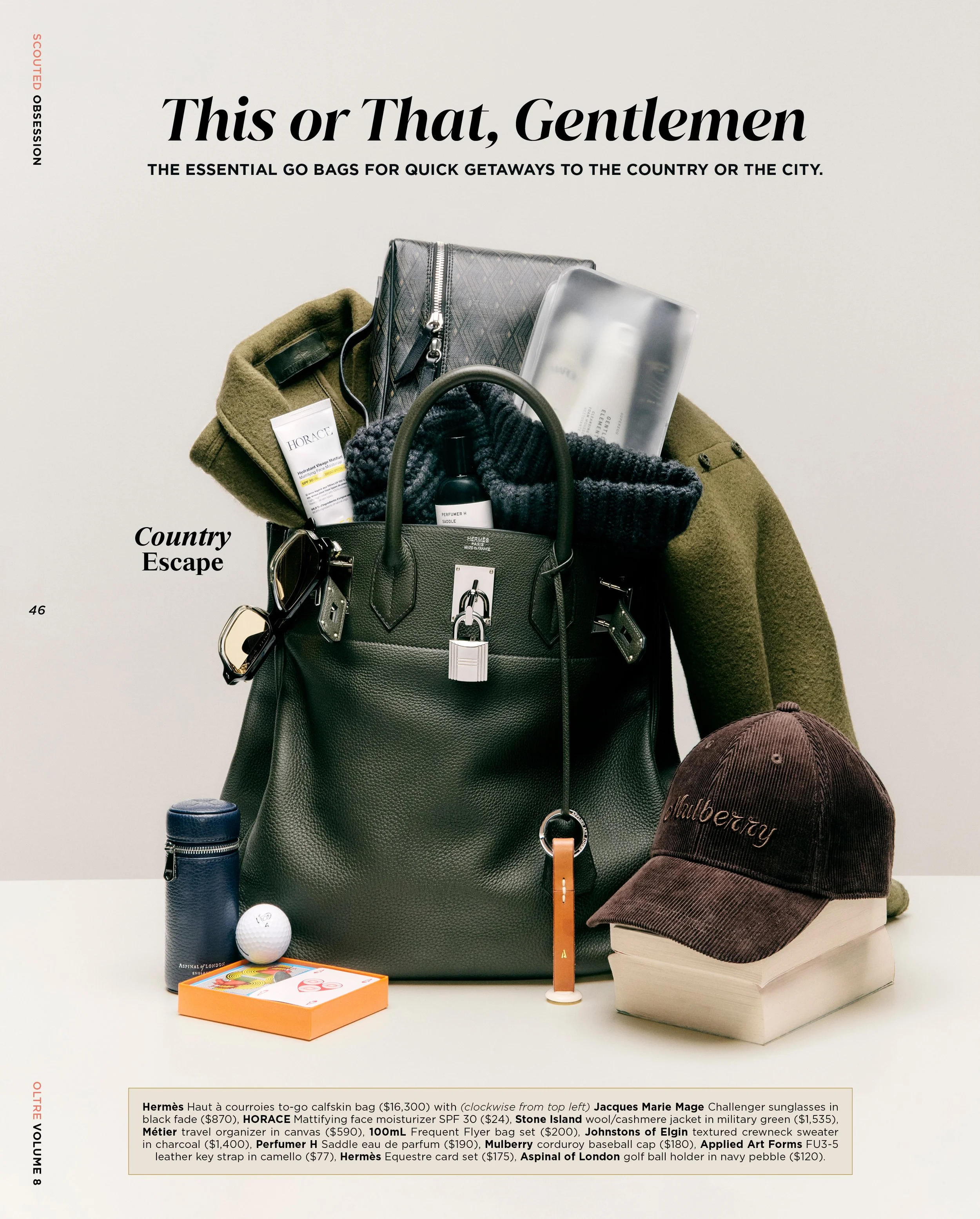 Arrangement of men's fashion accessories and travel items, including a military green cashmere jacket, a textured crewneck sweater, Surplice jewelry, a navy pebble leather ball holder, a black fortified canvas clutch, a gray face moisturizer containe