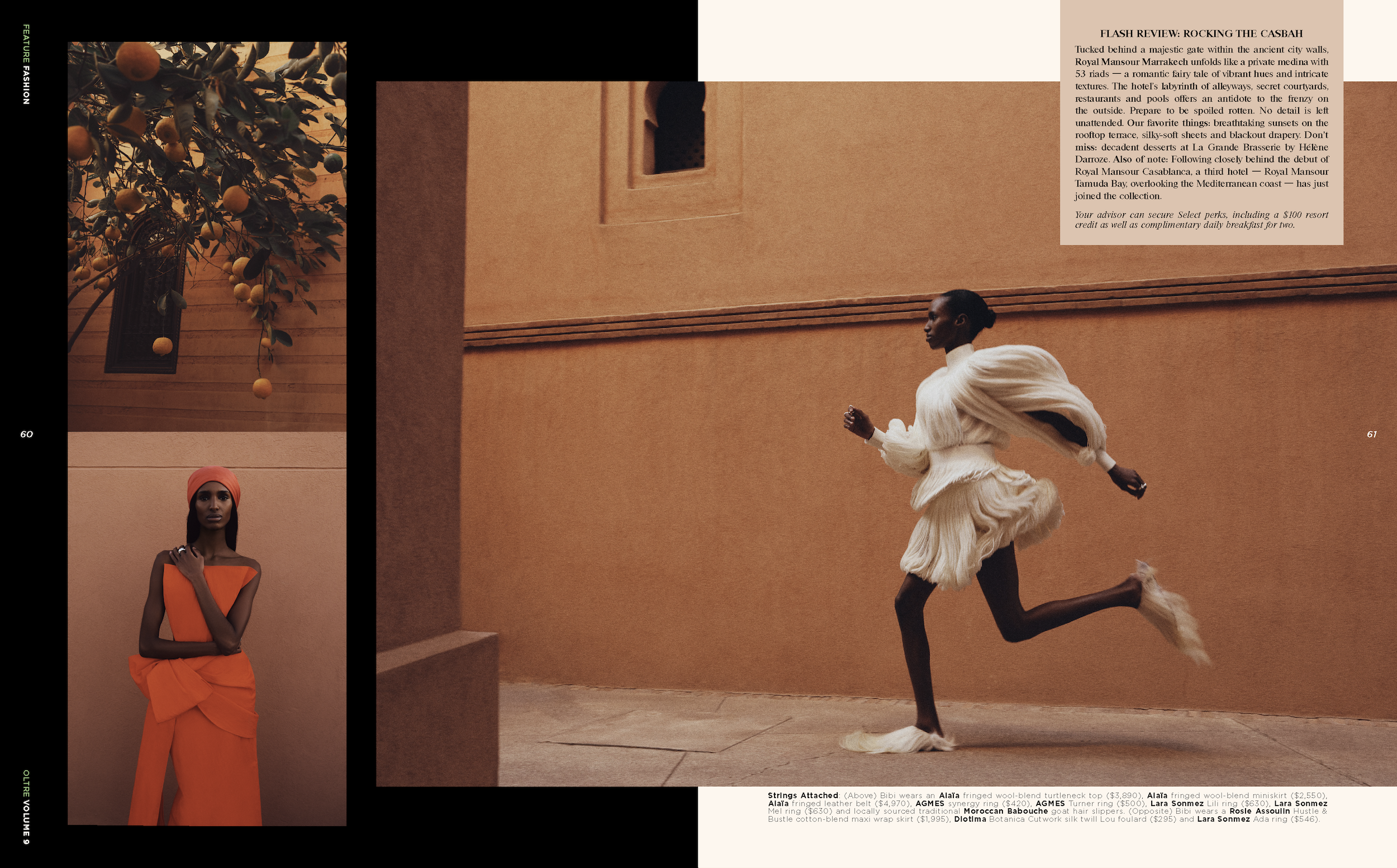 Fashion magazine spread featuring models dressed in vibrant orange and beige outfits, set against warm terracotta walls with a tree bearing oranges, symbolizing Moroccan decor and style elements.