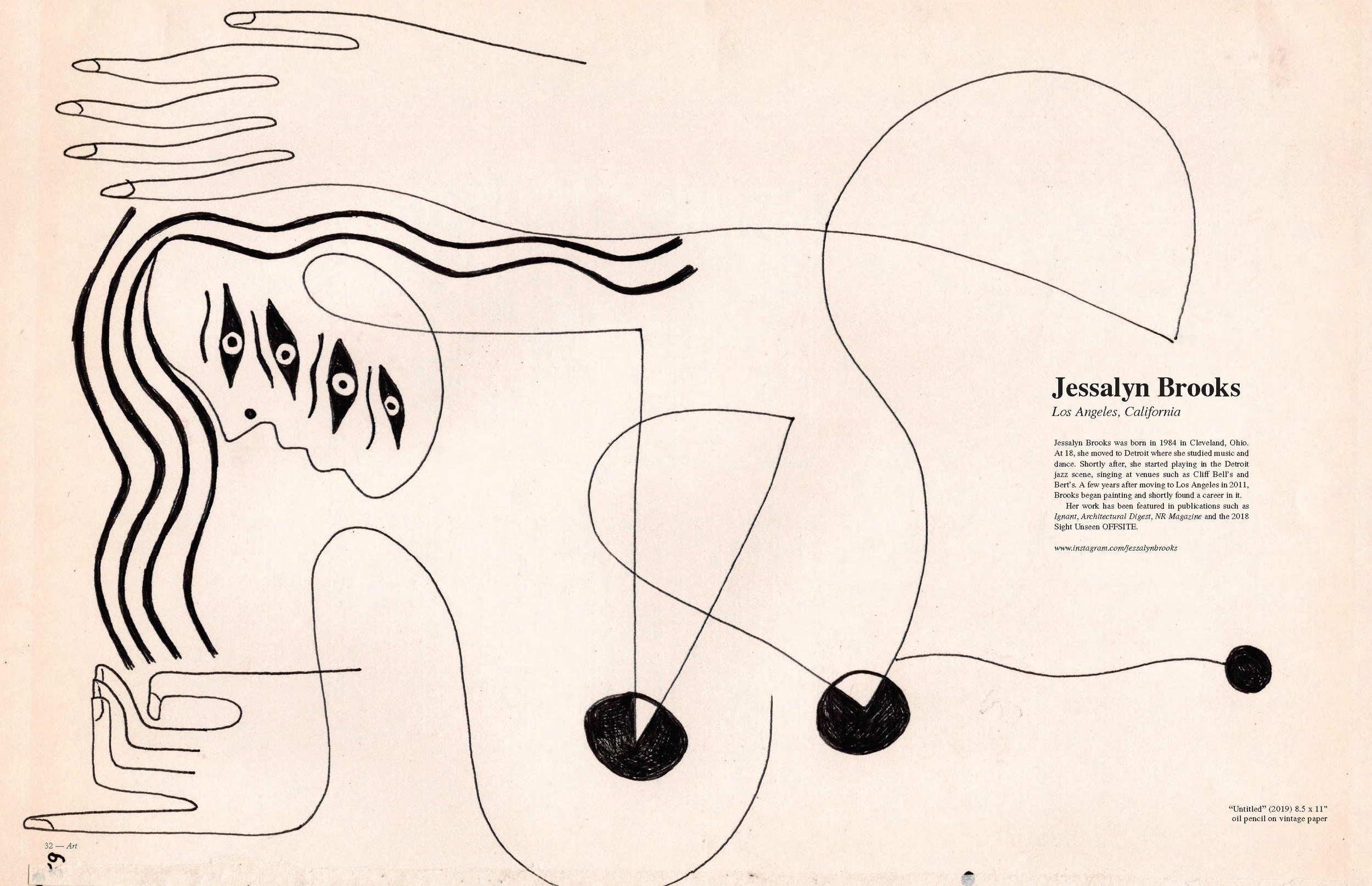 Line drawing of a woman with long hair and four eye symbols on her face, with abstract shapes and elements, and a stylized text block detailing an artist's biography.