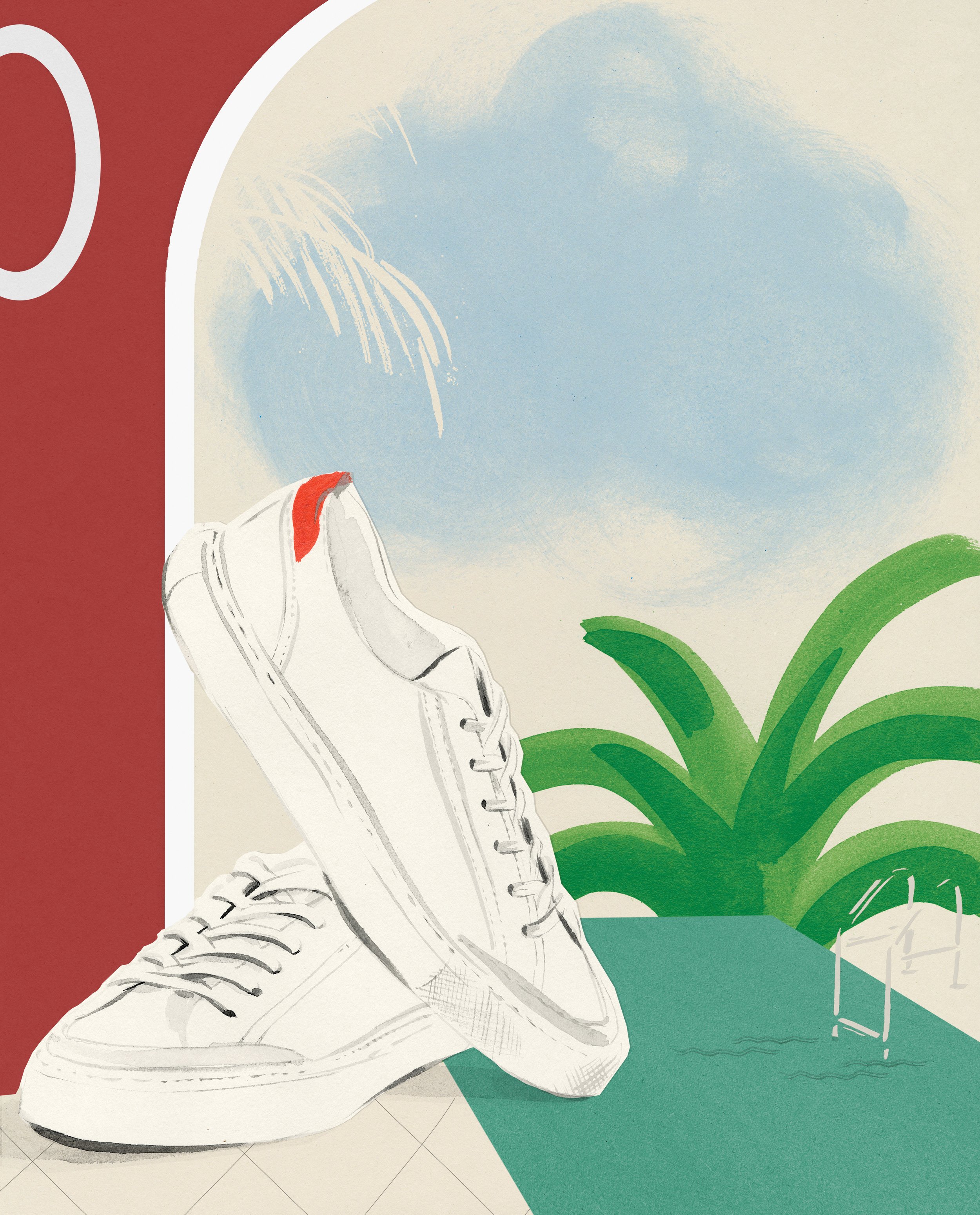 Illustration of a white sneaker on a tiled floor, with green plants, a red wall, a blue sky, and white clouds in the background.