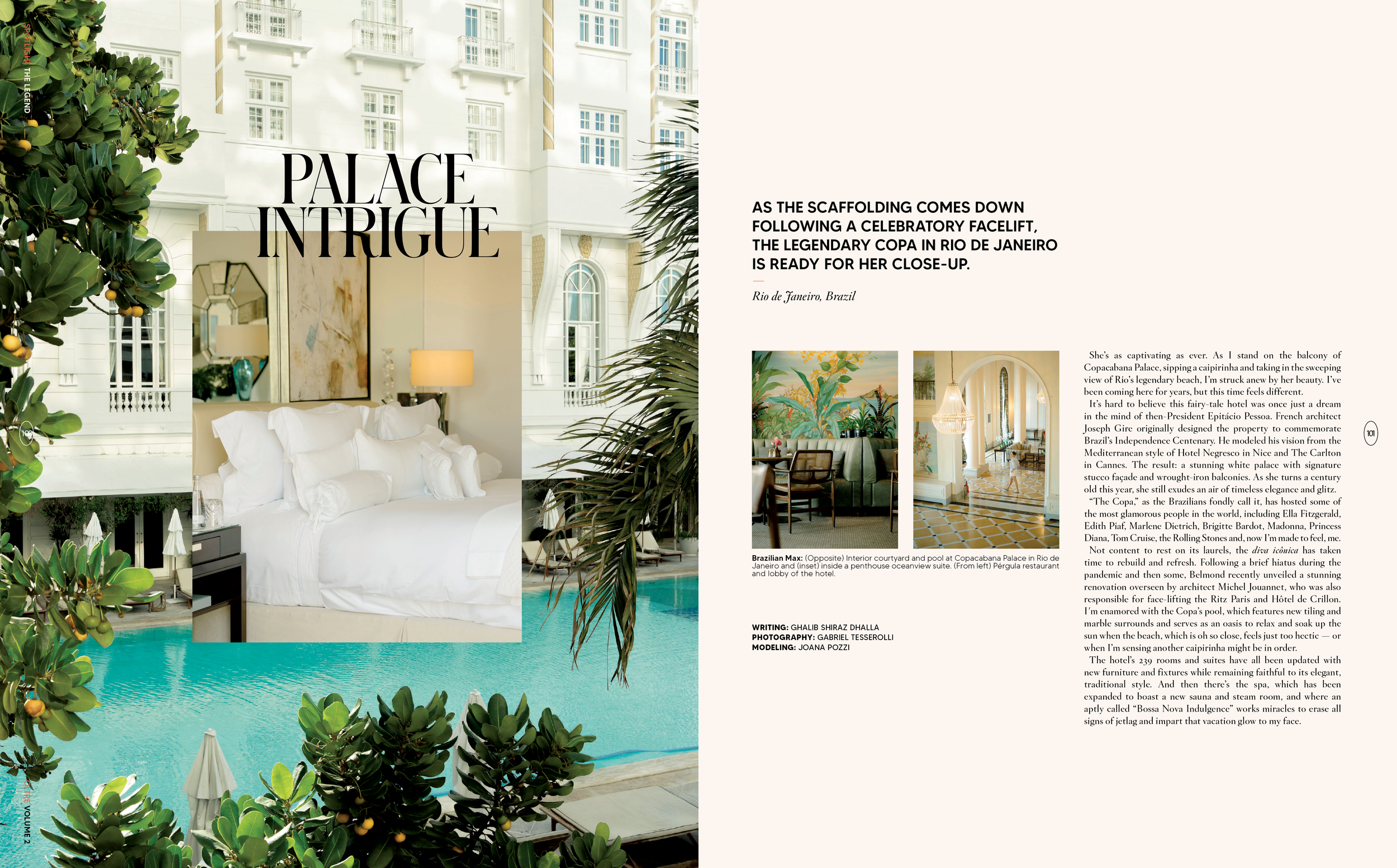 Interior and exterior view of the Copacabana Palace in Rio de Janeiro, Brazil, including a luxurious room with large windows and greenery, and an outdoor pool surrounded by plants and umbrellas.