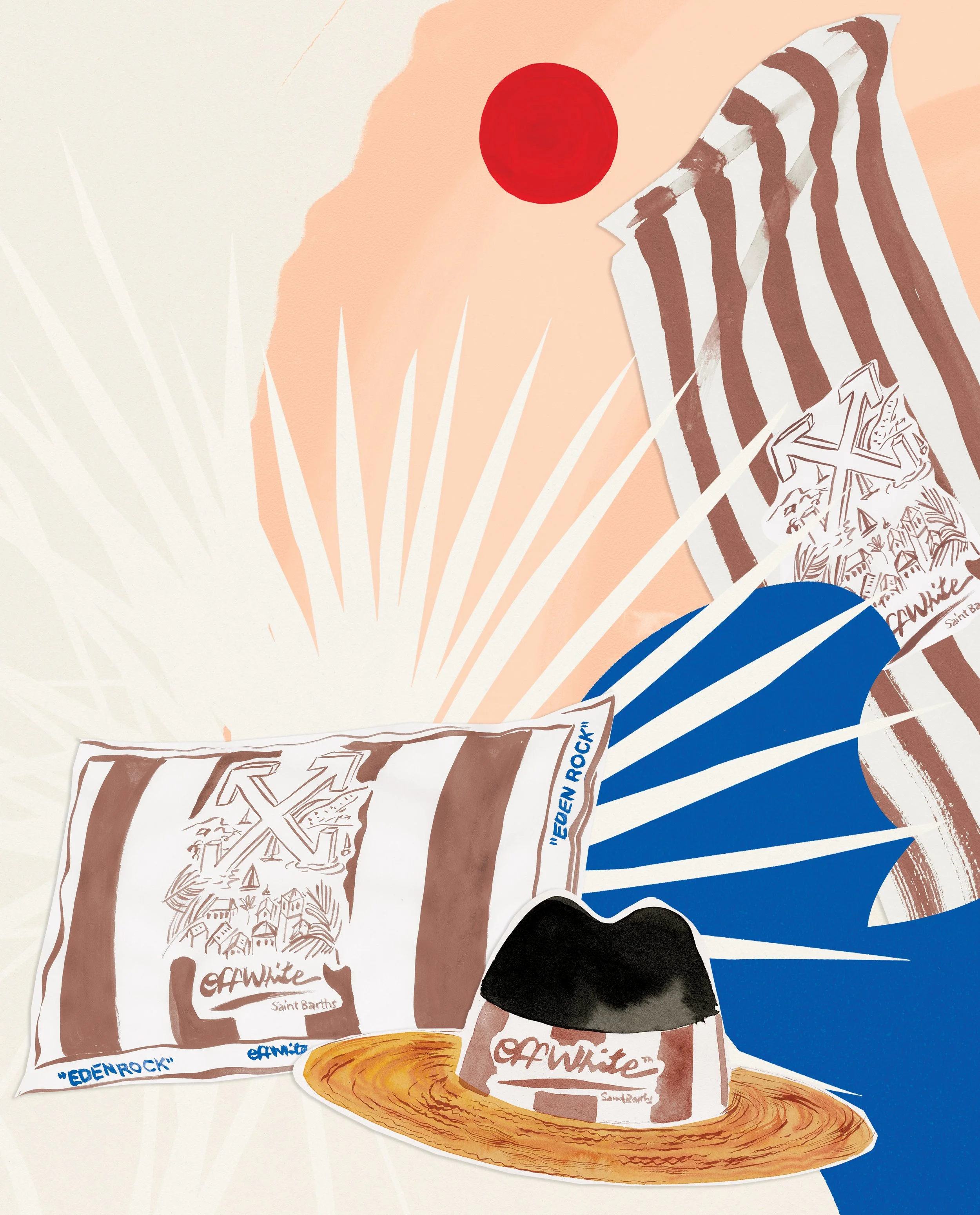 Collection of stickers featuring the 'Eden Rock' logo, illustrations of a mountain scene, and a blue and white striped pattern with a red circle and black semi-circle in the background.
