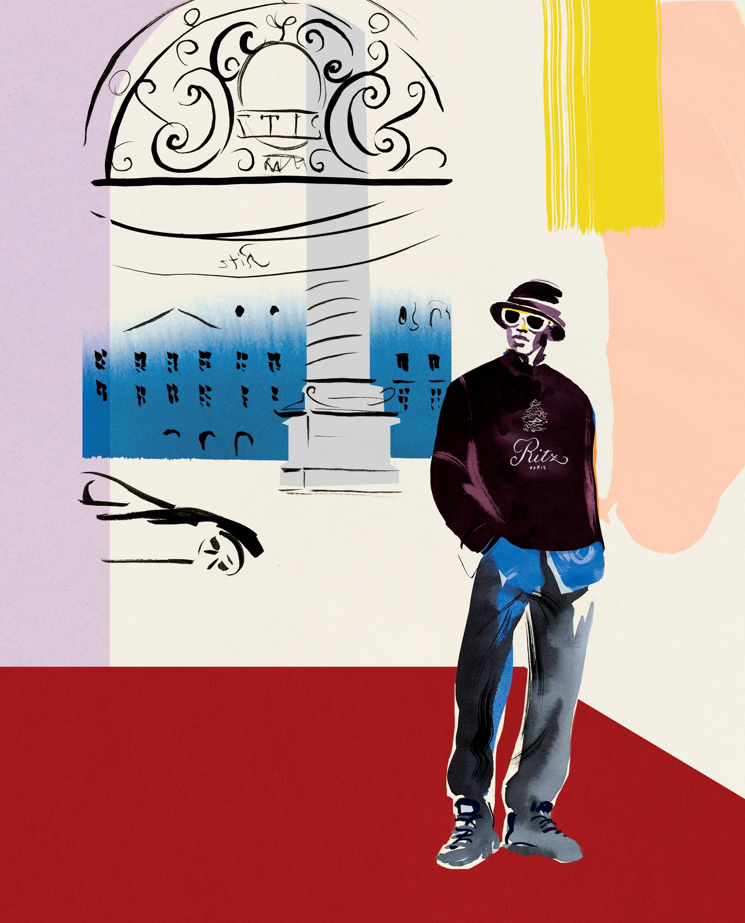 Stylized illustration of a person wearing a black hat, glasses, a purple jacket with the word 'Ritz' on it, and jeans, standing against a colorful background with pastel and bold colors.