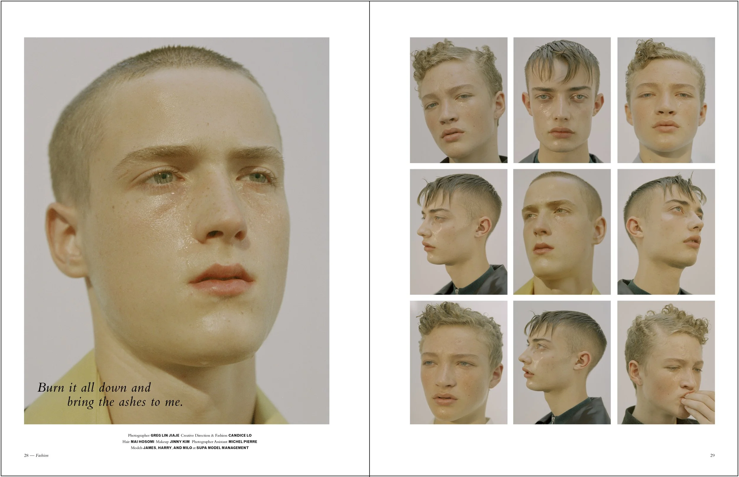 Close-up of a young person with short hair and freckles, with a quote about burning down and bringing ashes. A grid of other portraits of young models with various hairstyles and expressions.