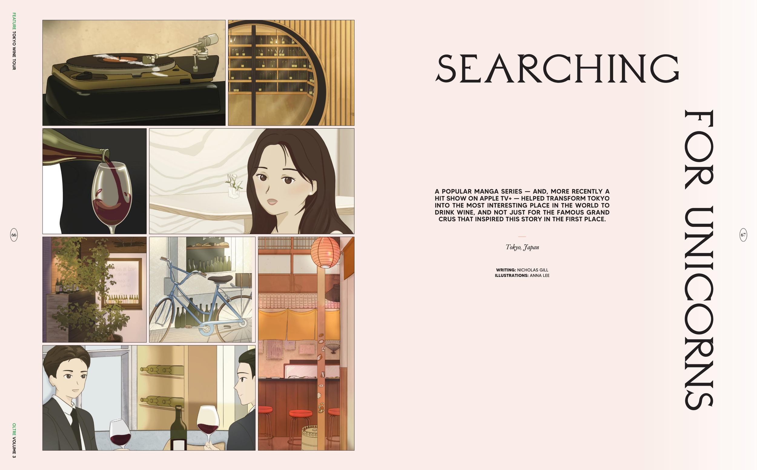 Collage of scenes from Tokyo, Japan, featuring a vintage record player, a wine cellar, a woman with dark hair, a wine glass being poured, a bicycle, a restaurant interior, and two men having a conversation over wine.