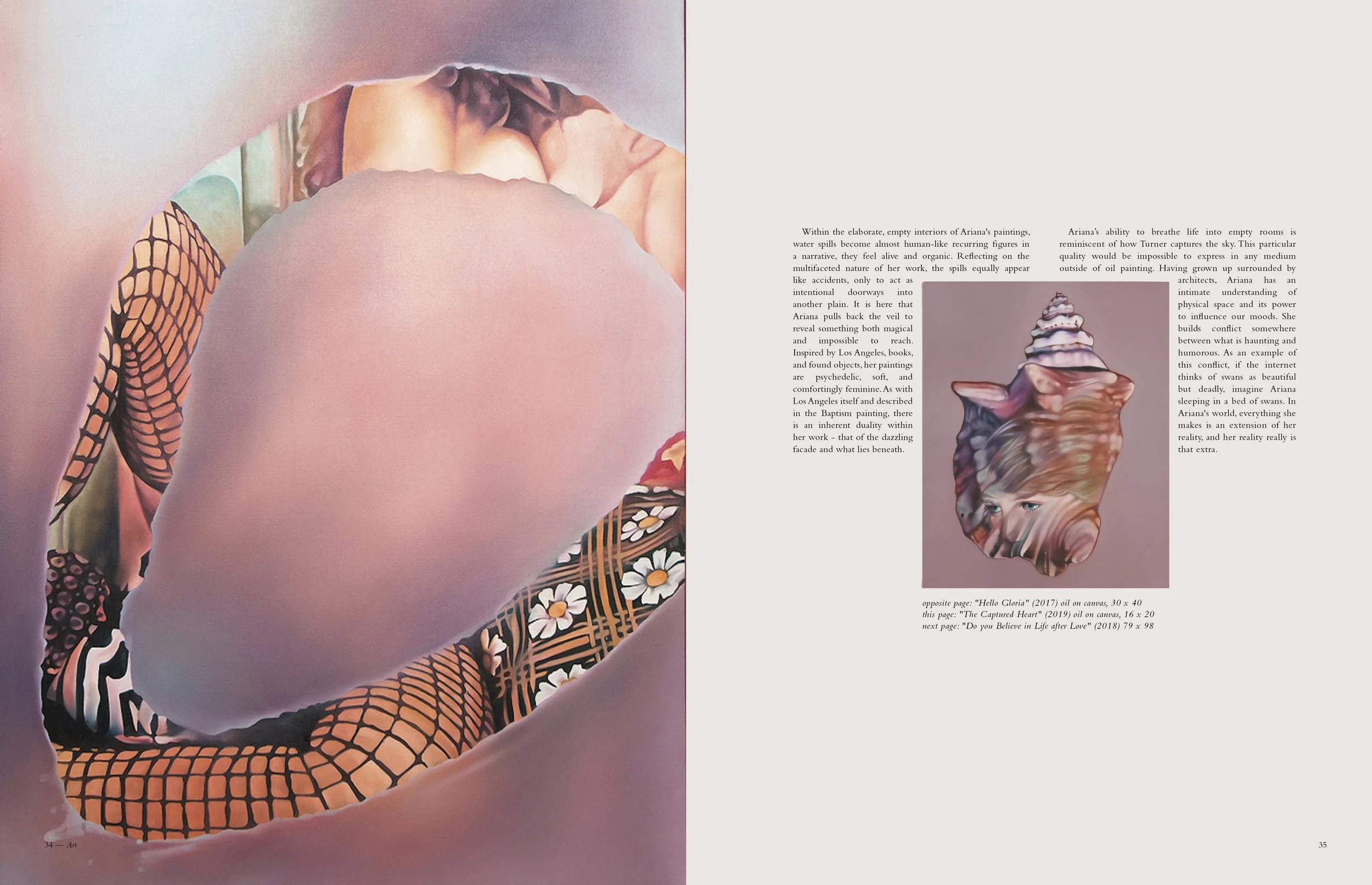 Open magazine spread showing two artworks: on the left, a surreal painting of a female figure with a large, rounded, flesh-toned shape covering her head, her arm adorned with black fishnet and floral patterns; on the right, a painted cone-shaped object resembling a shell with human-like features, set against a mauve background, with a section of text discussing the artworks.