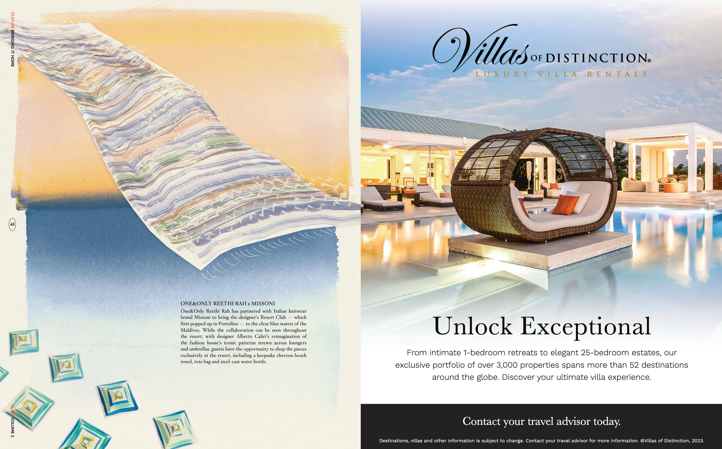 A split-screen image featuring fabric swatches on the left and a luxurious villa with outdoor seating and pool on the right, promoting villa rentals by Villas of Distinction.