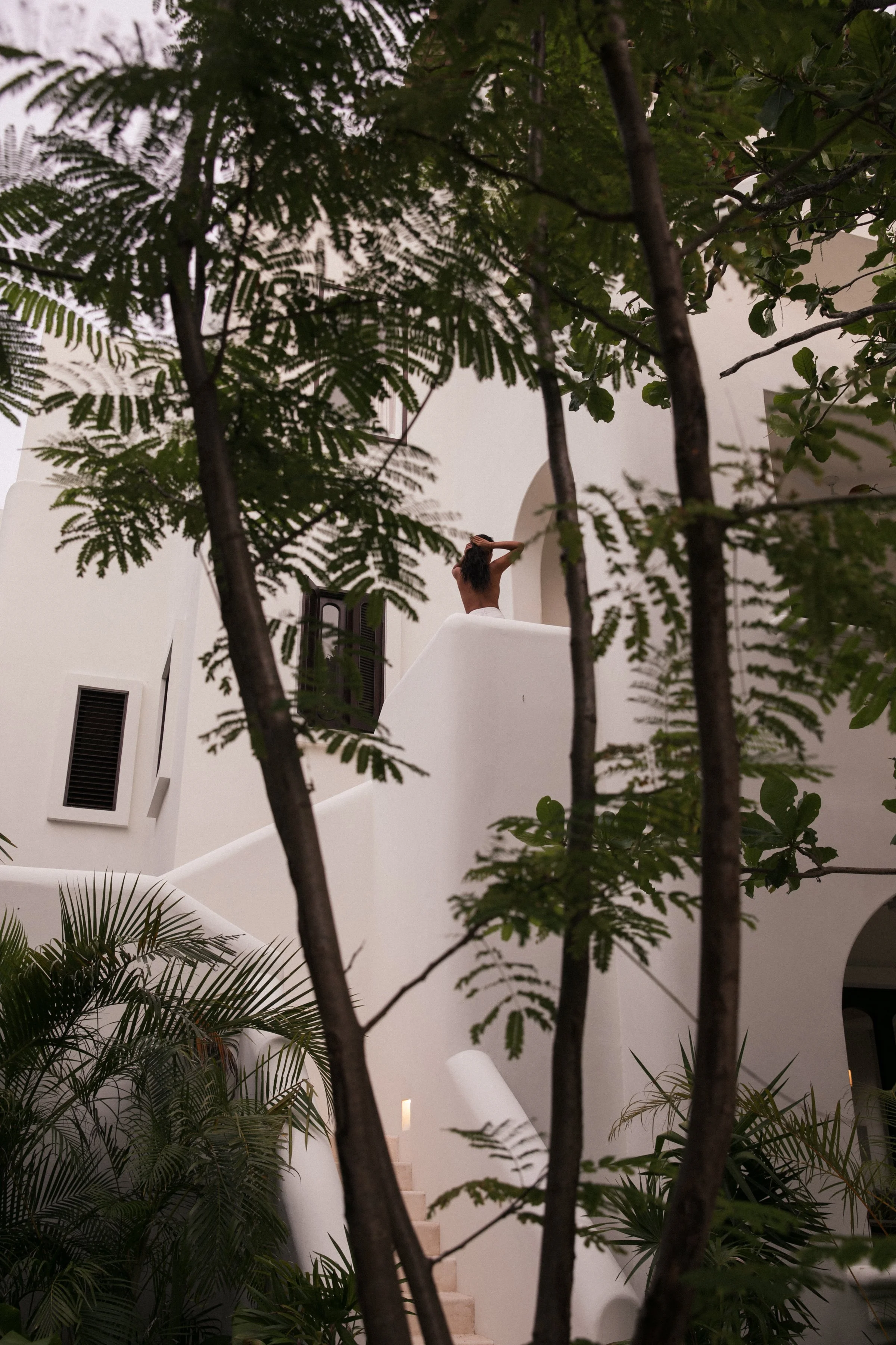Indoor space with white walls and stairs, surrounded by green plants and trees, with a person standing on the staircase.