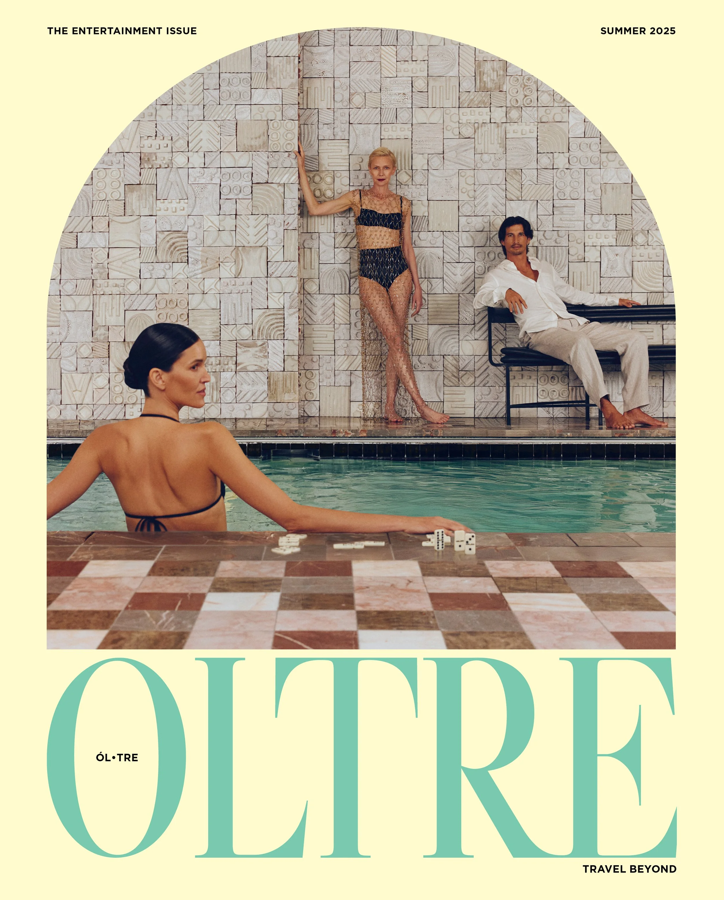 Cover of a magazine titled "The Entertainment Issue" for Summer 2025. It features three people: a woman with dark hair at the pool, a woman in a black and gold lace outfit standing against a tiled wall, and a man in white sitting on a black bench. Th