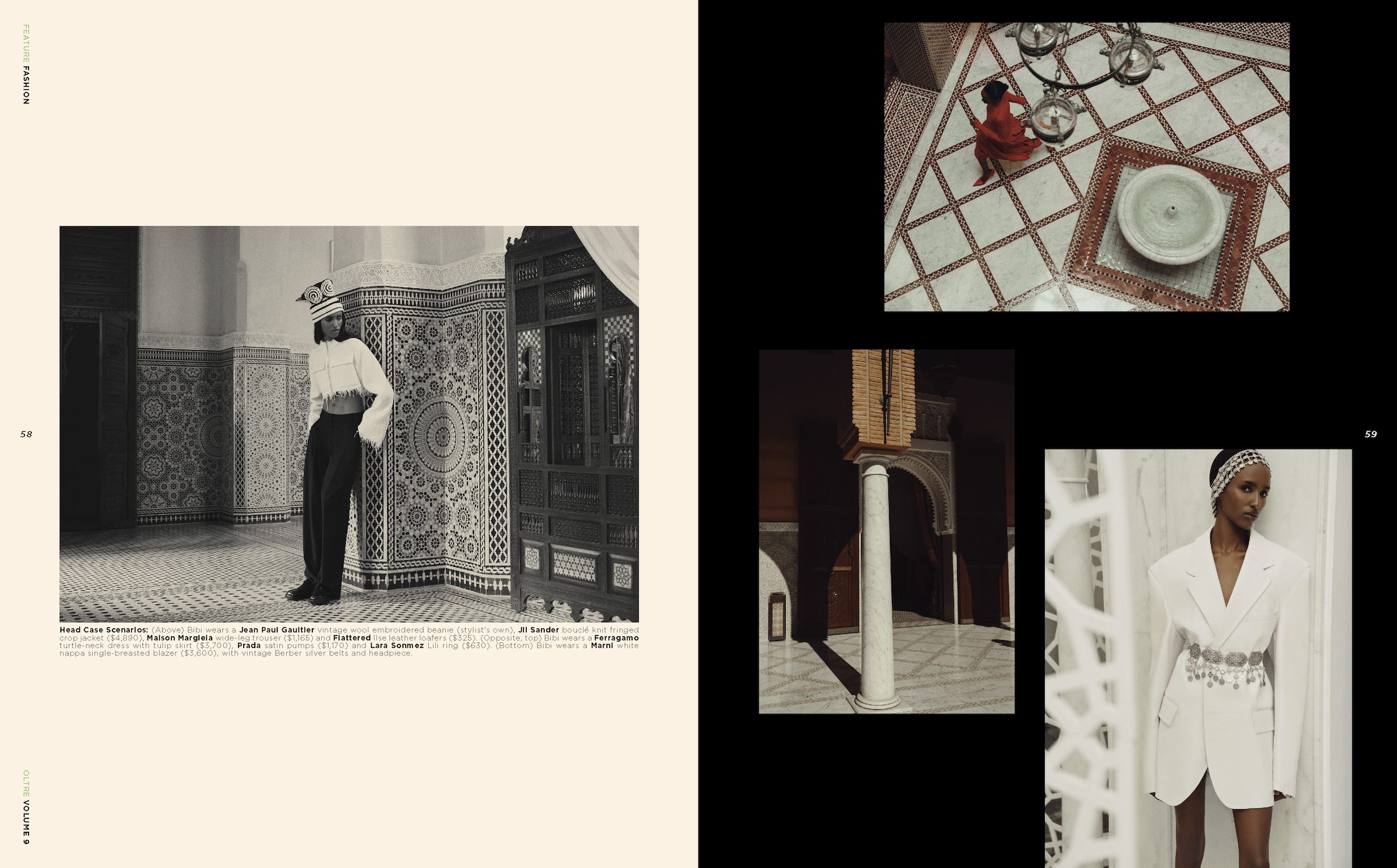 A fashion spread featuring models in luxurious, vintage-inspired clothing in an ornate Moroccan architectural setting. One model wears a Jean Paul Gaultier wool beanie, a Maison Margiela turtle neck, and a Prada satin pumps. Another wears a Marni whi