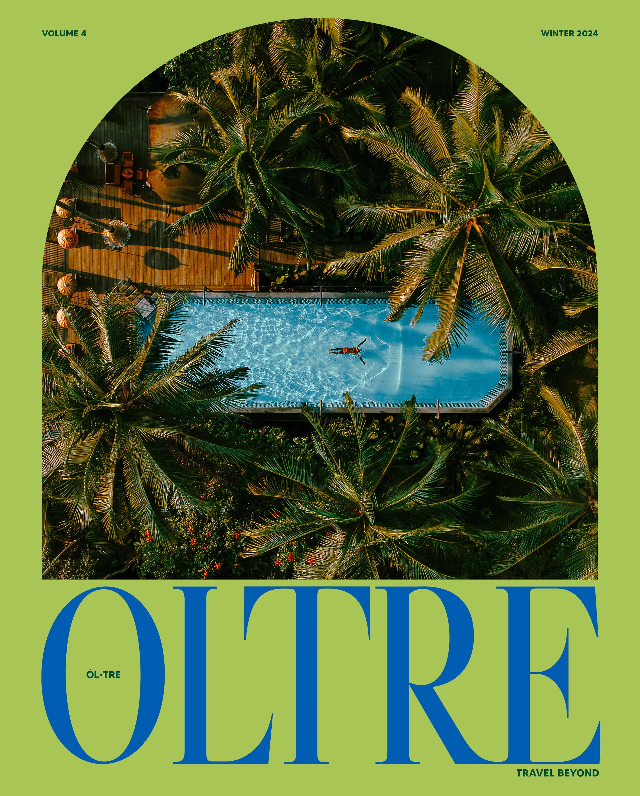 Cover of an ocean-related magazine featuring an aerial view of a swimming pool surrounded by lush green palm trees and a wooden deck with umbrellas and chairs. The magazine is titled 'Odyssey' in large blue letters, with additional text indicating it